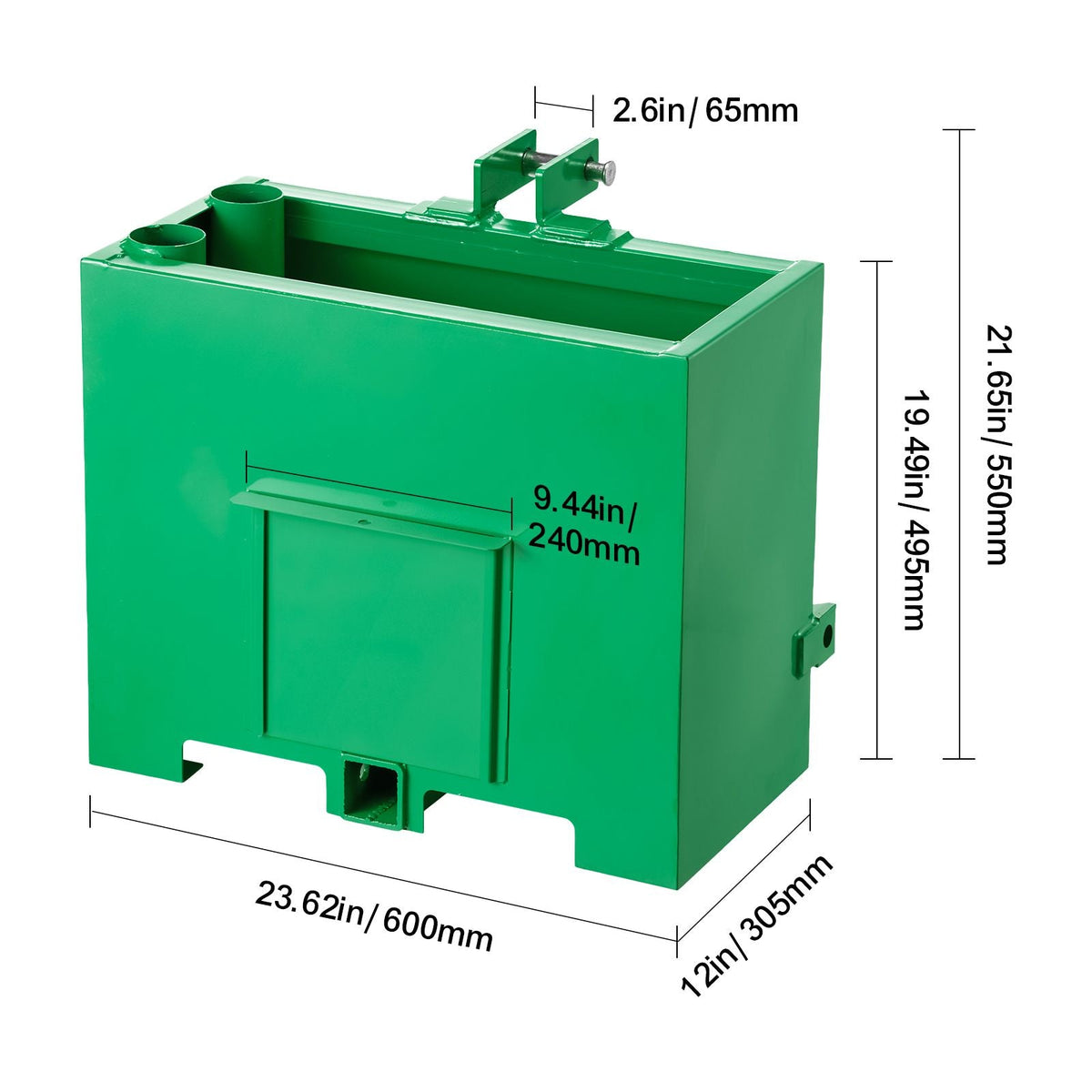 Ballast Box, 3-Point Category 1 Tractor Ballast of 800 lbs Capacity, with Standard 2 Inch Hitch Receiver, Heavy-Duty Steel 3.2 ft³ Large Volume Durable Loader Attachment with Sliding Door, Green