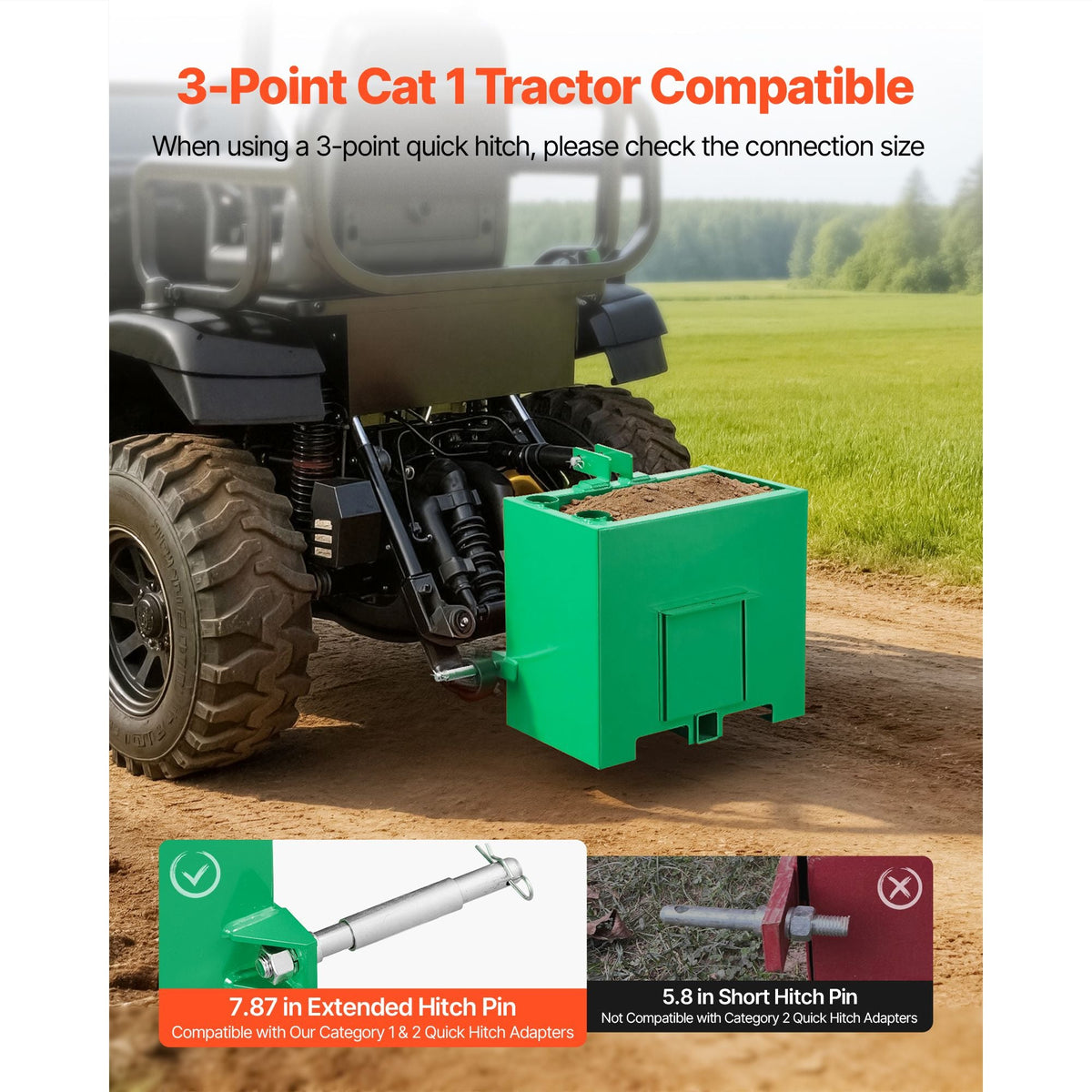 Ballast Box, 3-Point Category 1 Tractor Ballast of 800 lbs Capacity, with Standard 2 Inch Hitch Receiver, Heavy-Duty Steel 3.2 ft³ Large Volume Durable Loader Attachment with Sliding Door, Green