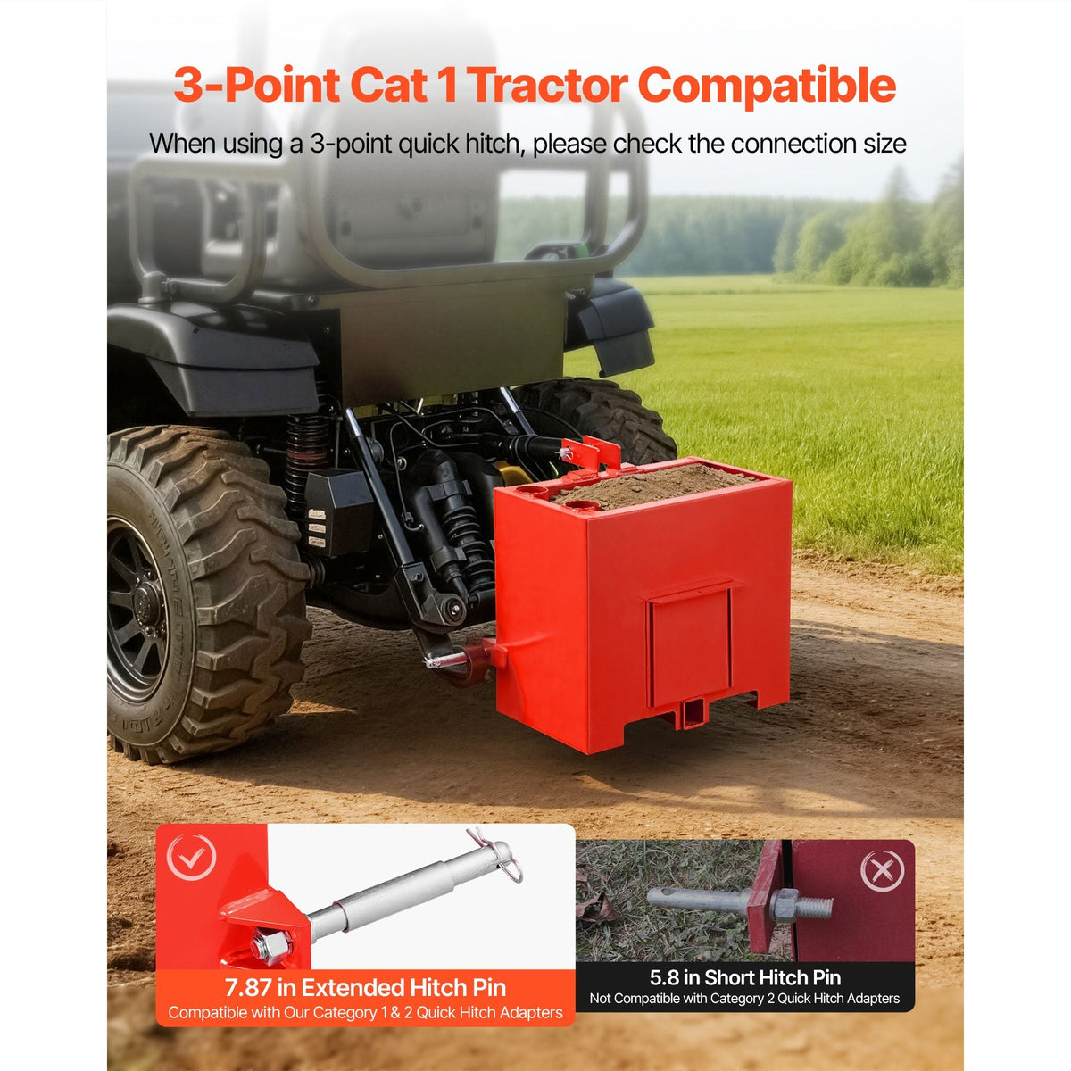 Ballast Box, 3-Point Category 1 Tractor Ballast of 800 lbs Capacity, with Standard 2 Inch Hitch Receiver, Heavy-Duty Steel 3.2 ft³ Large Volume Durable Loader Attachment with Sliding Door, Red