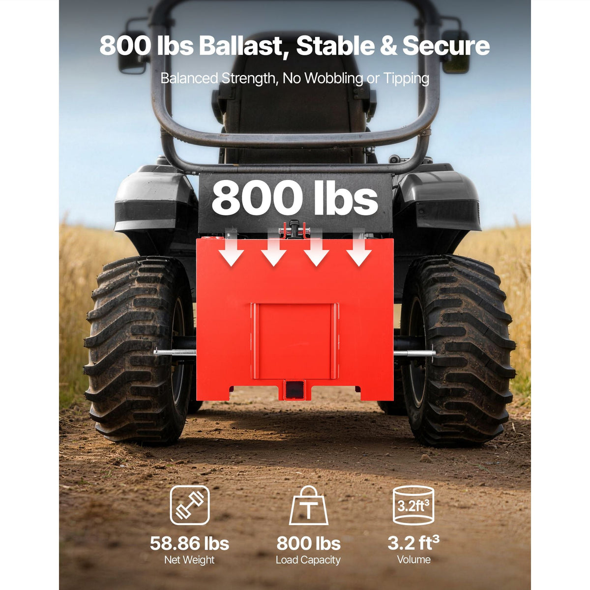 Ballast Box, 3-Point Category 1 Tractor Ballast of 800 lbs Capacity, with Standard 2 Inch Hitch Receiver, Heavy-Duty Steel 3.2 ft³ Large Volume Durable Loader Attachment with Sliding Door, Red
