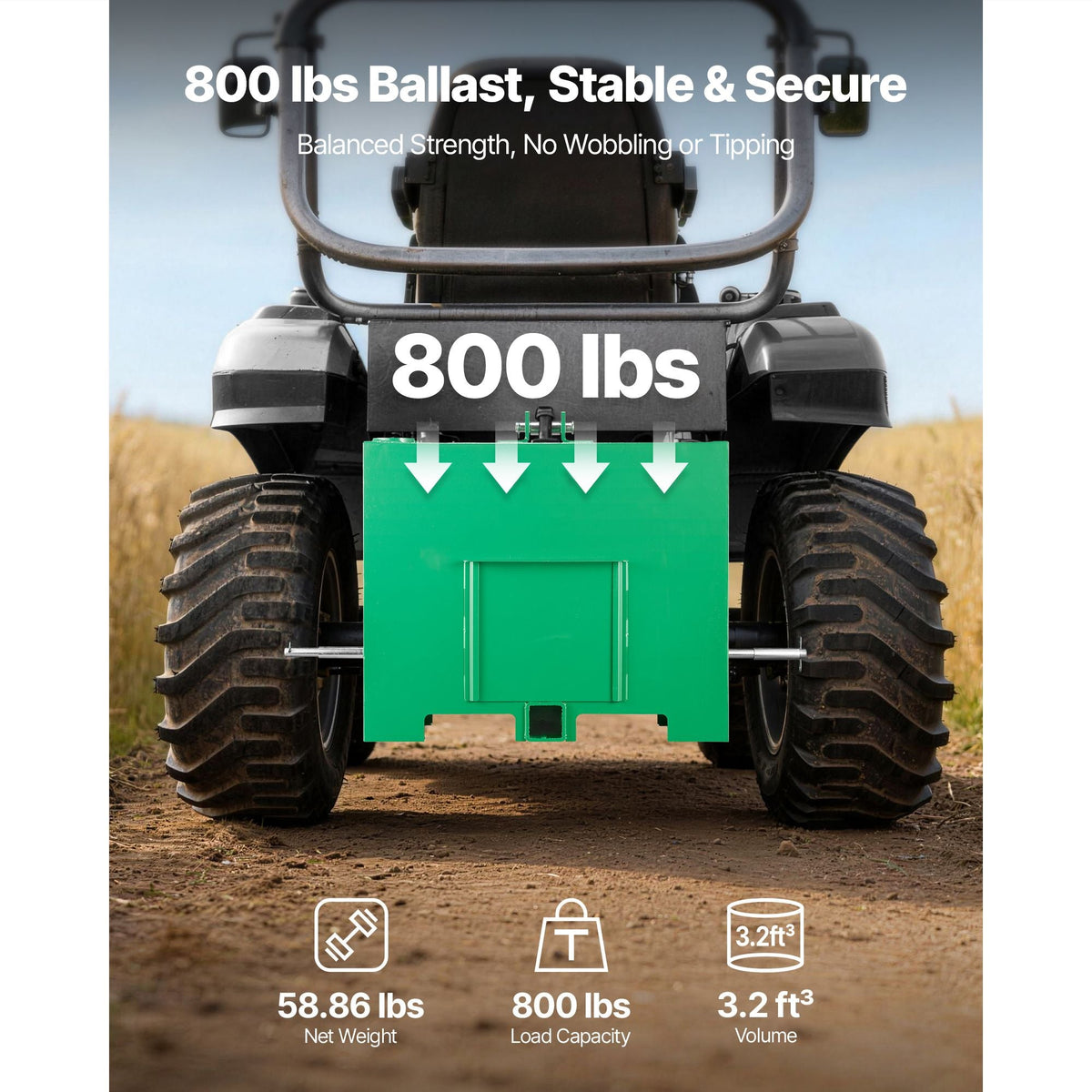 Ballast Box, 3-Point Category 1 Tractor Ballast of 800 lbs Capacity, with Standard 2 Inch Hitch Receiver, Heavy-Duty Steel 3.2 ft³ Large Volume Durable Loader Attachment with Sliding Door, Green