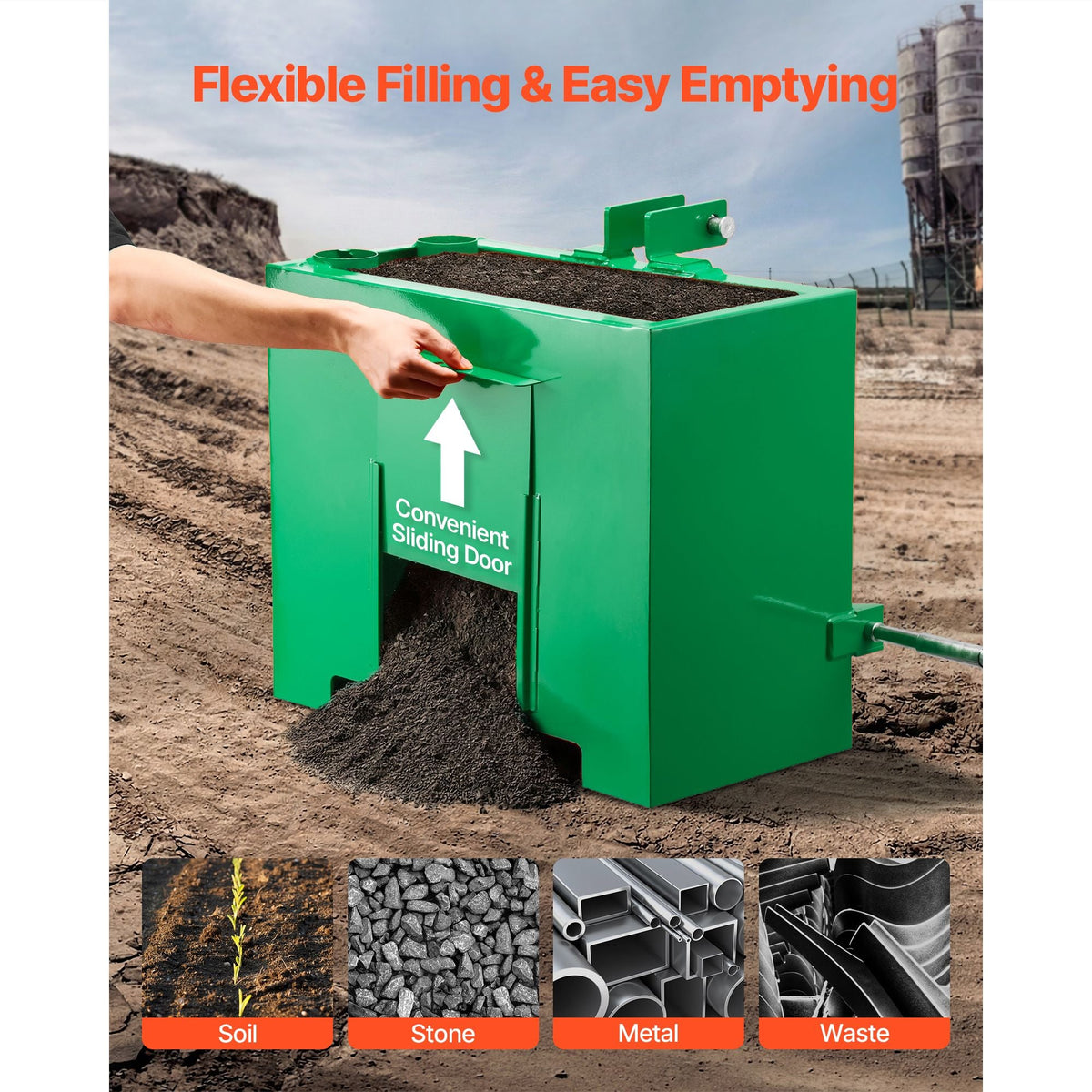Ballast Box, 3-Point Category 1 Tractor Ballast of 800 lbs Capacity, with Standard 2 Inch Hitch Receiver, Heavy-Duty Steel 3.2 ft³ Large Volume Durable Loader Attachment with Sliding Door, Green