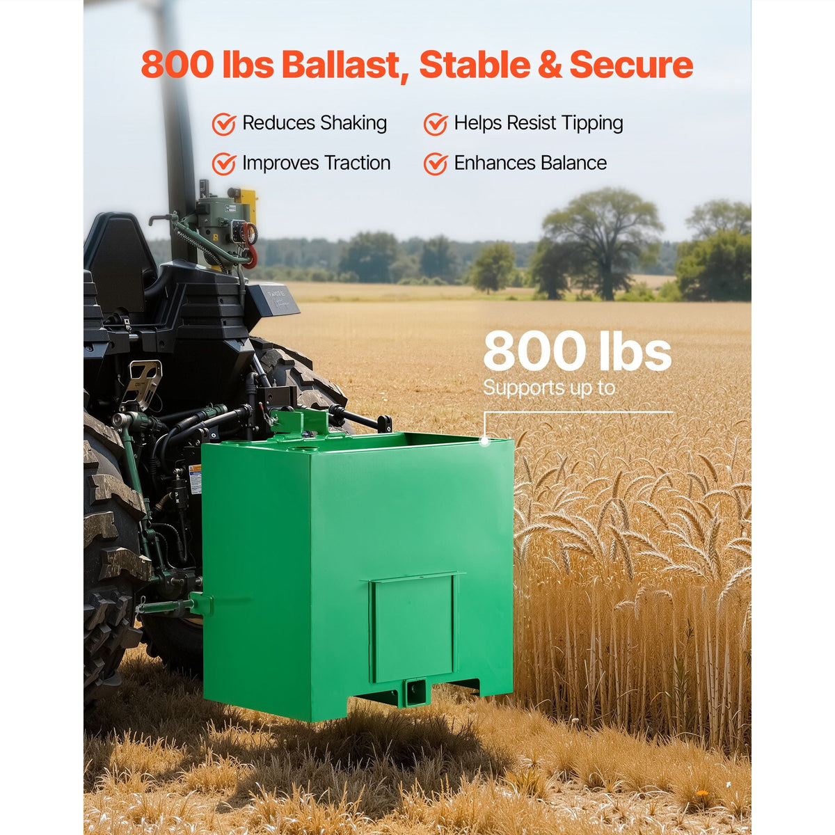 Ballast Box, 3-Point Category 1 Tractor Ballast of 800 lbs Capacity, with Standard 2 Inch Hitch Receiver, Heavy-Duty Steel 5 ft³ Large Volume Durable Loader Attachment with Sliding Door, Green