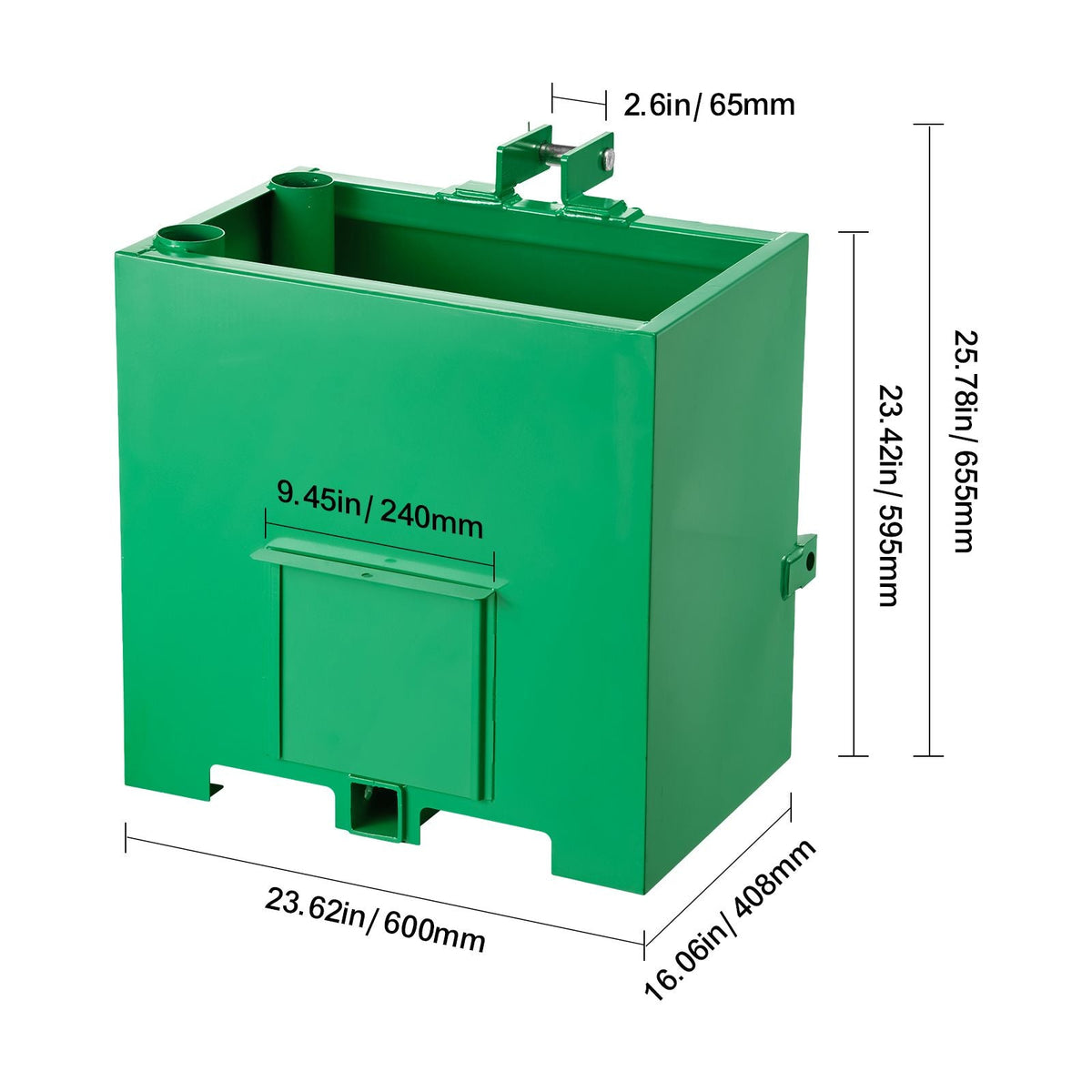 Ballast Box, 3-Point Category 1 Tractor Ballast of 800 lbs Capacity, with Standard 2 Inch Hitch Receiver, Heavy-Duty Steel 5 ft³ Large Volume Durable Loader Attachment with Sliding Door, Green