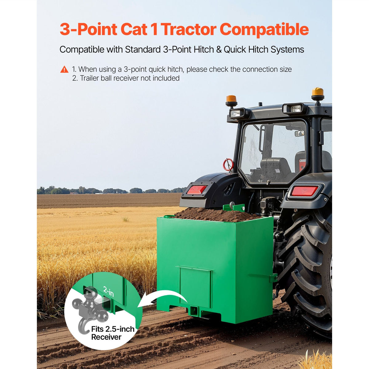 Ballast Box, 3-Point Category 1 Tractor Ballast of 800 lbs Capacity, with Standard 2 Inch Hitch Receiver, Heavy-Duty Steel 5 ft³ Large Volume Durable Loader Attachment with Sliding Door, Green