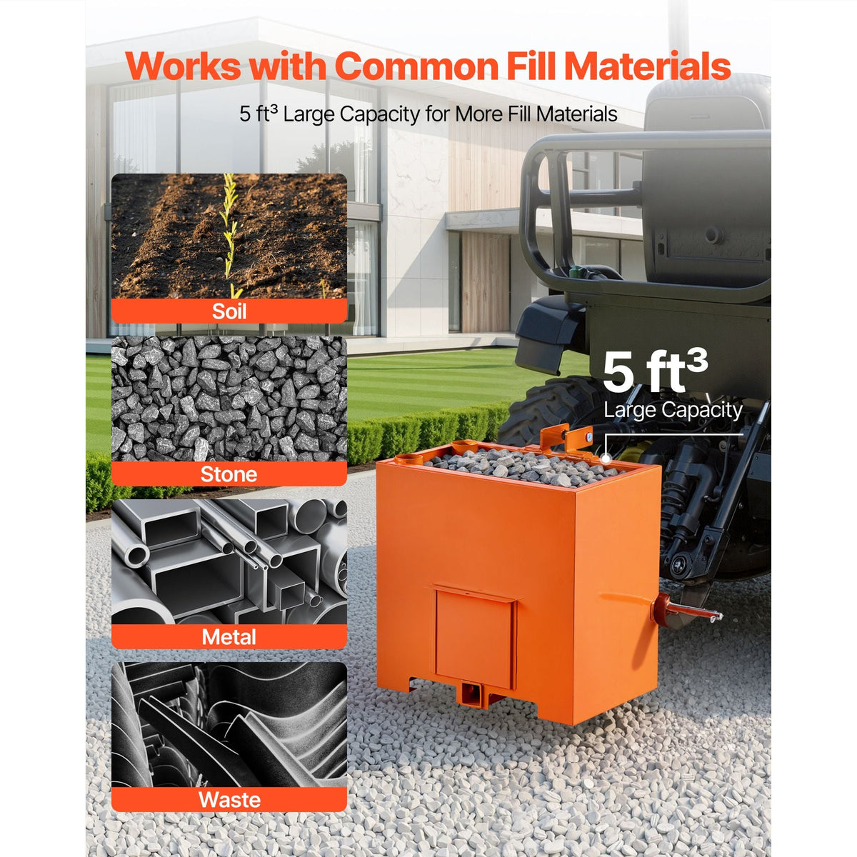 Ballast Box, 3-Point Category 1 Tractor Ballast of 800 lbs Capacity, with Standard 2 Inch Hitch Receiver, Heavy-Duty Steel 5 ft³ Large Volume Durable Loader Attachment with Sliding Door, Orange