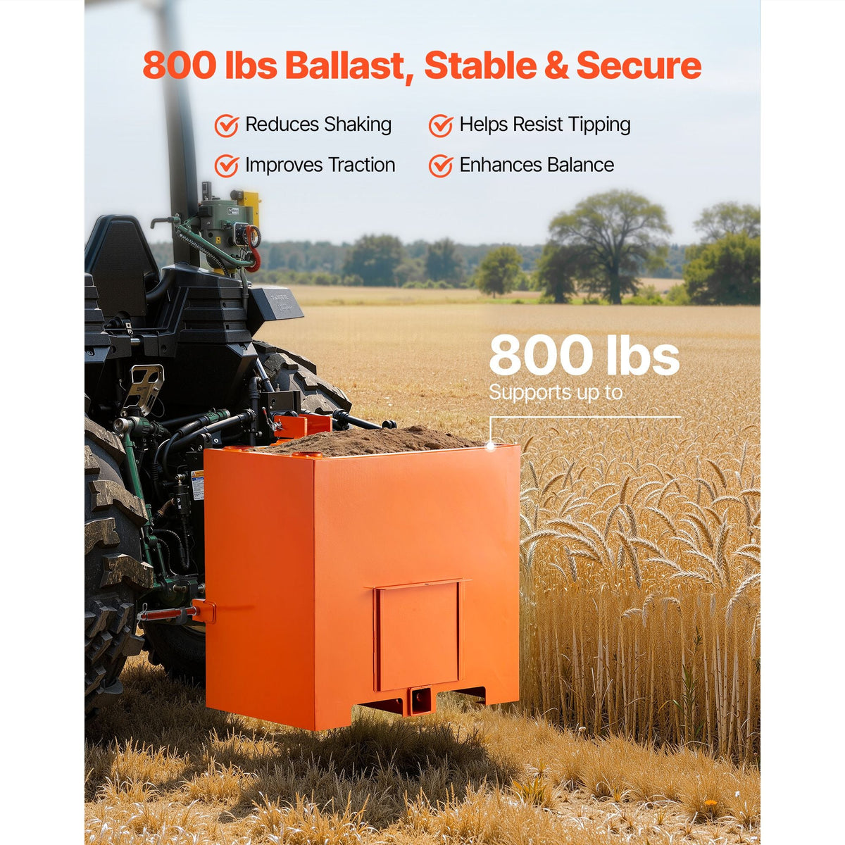 Ballast Box, 3-Point Category 1 Tractor Ballast of 800 lbs Capacity, with Standard 2 Inch Hitch Receiver, Heavy-Duty Steel 5 ft³ Large Volume Durable Loader Attachment with Sliding Door, Orange