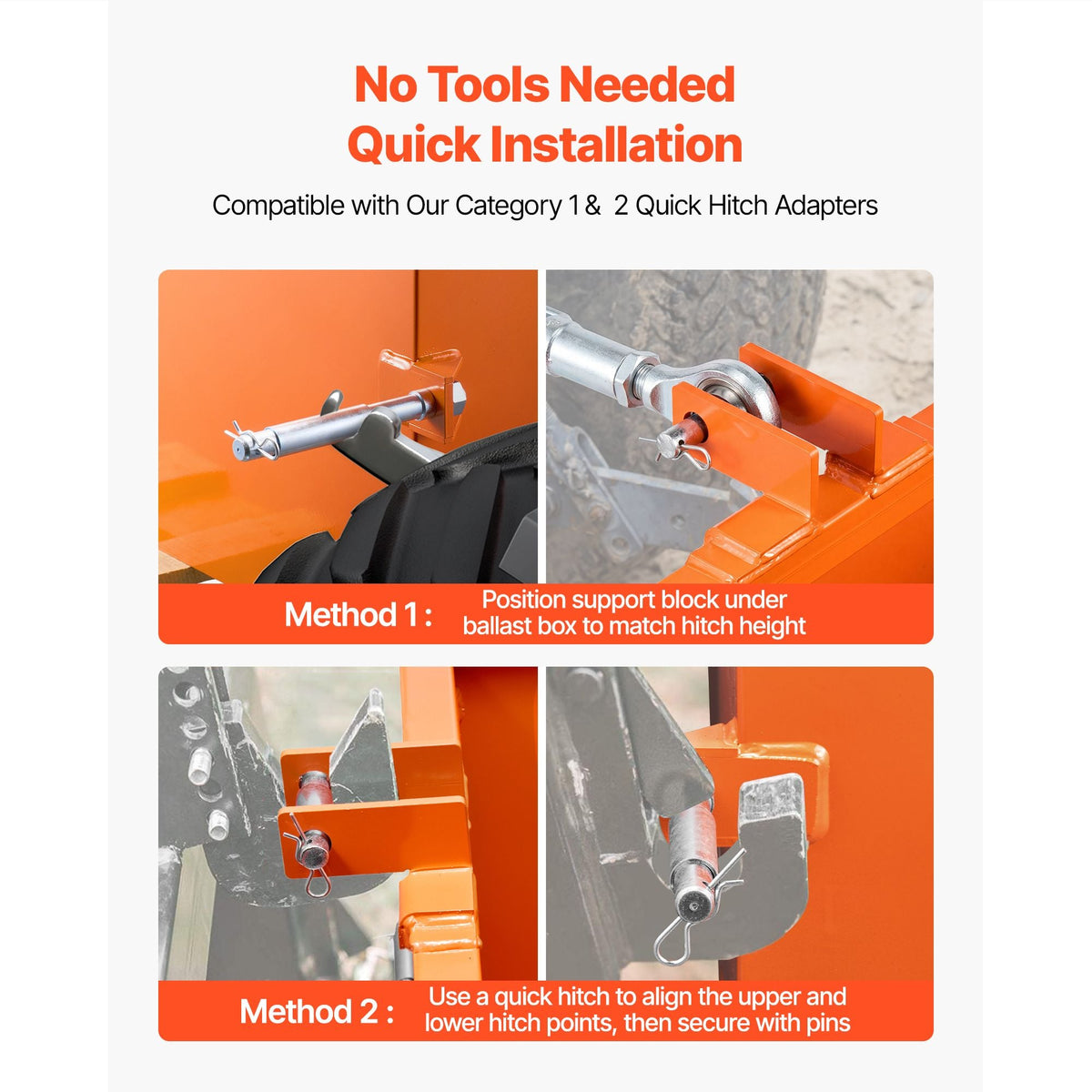 Ballast Box, 3-Point Category 1 Tractor Ballast of 800 lbs Capacity, with Standard 2 Inch Hitch Receiver, Heavy-Duty Steel 5 ft³ Large Volume Durable Loader Attachment with Sliding Door, Orange