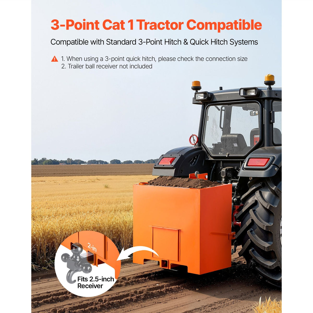Ballast Box, 3-Point Category 1 Tractor Ballast of 800 lbs Capacity, with Standard 2 Inch Hitch Receiver, Heavy-Duty Steel 5 ft³ Large Volume Durable Loader Attachment with Sliding Door, Orange
