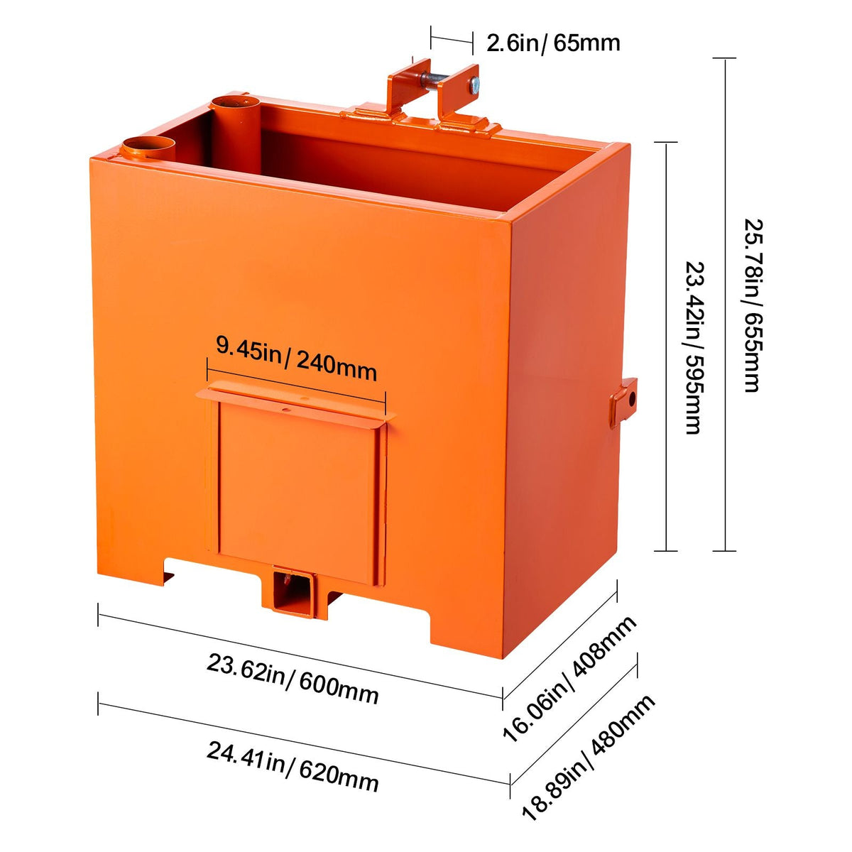 Ballast Box, 3-Point Category 1 Tractor Ballast of 800 lbs Capacity, with Standard 2 Inch Hitch Receiver, Heavy-Duty Steel 5 ft³ Large Volume Durable Loader Attachment with Sliding Door, Orange