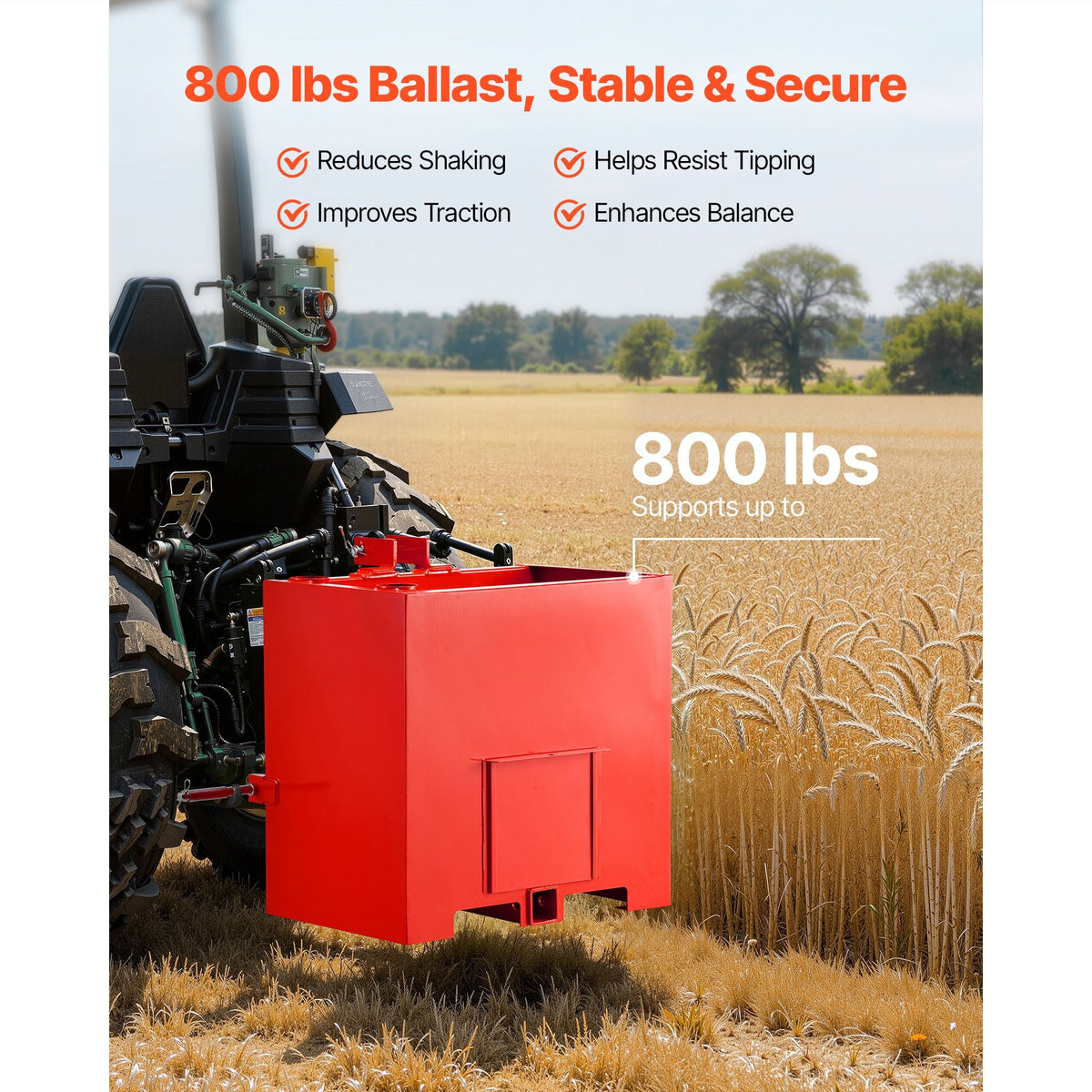 Ballast Box, 3-Point Category 1 Tractor Ballast of 800 lbs Capacity, with Standard 2 Inch Hitch Receiver, Heavy-Duty Steel 5 ft³ Large Volume Durable Loader Attachment with Sliding Door, Red