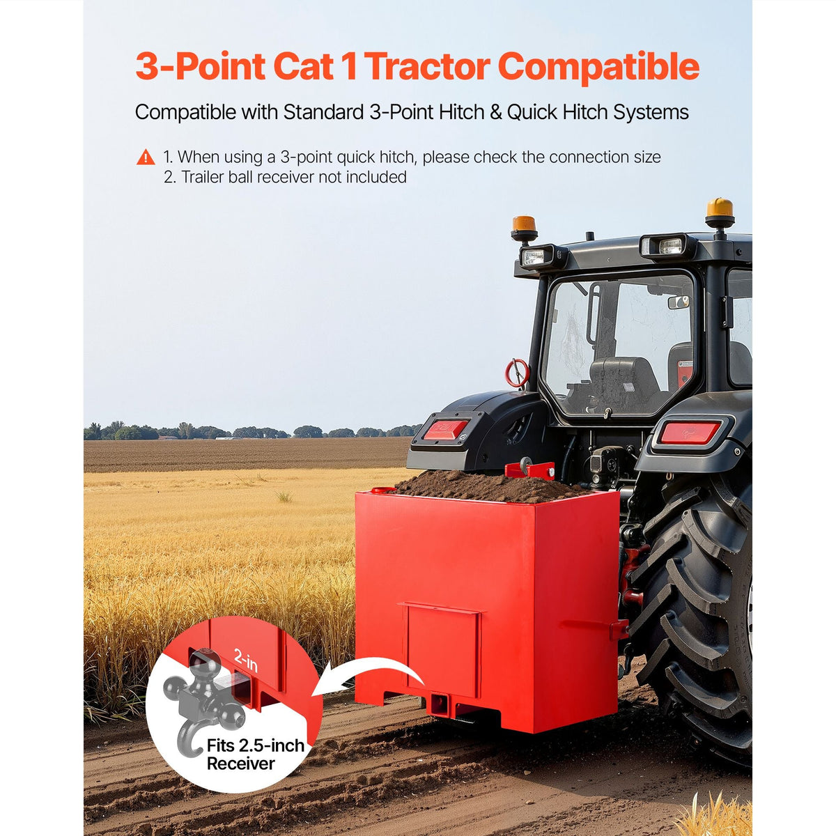 Ballast Box, 3-Point Category 1 Tractor Ballast of 800 lbs Capacity, with Standard 2 Inch Hitch Receiver, Heavy-Duty Steel 5 ft³ Large Volume Durable Loader Attachment with Sliding Door, Red