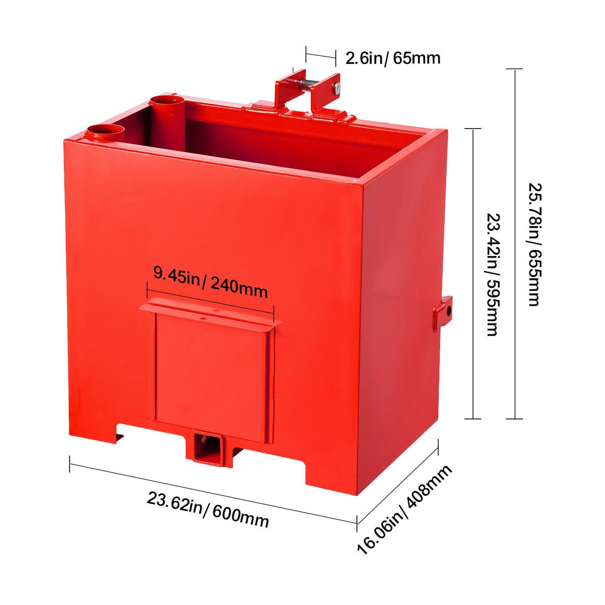 Ballast Box, 3-Point Category 1 Tractor Ballast of 800 lbs Capacity, with Standard 2 Inch Hitch Receiver, Heavy-Duty Steel 5 ft³ Large Volume Durable Loader Attachment with Sliding Door, Red