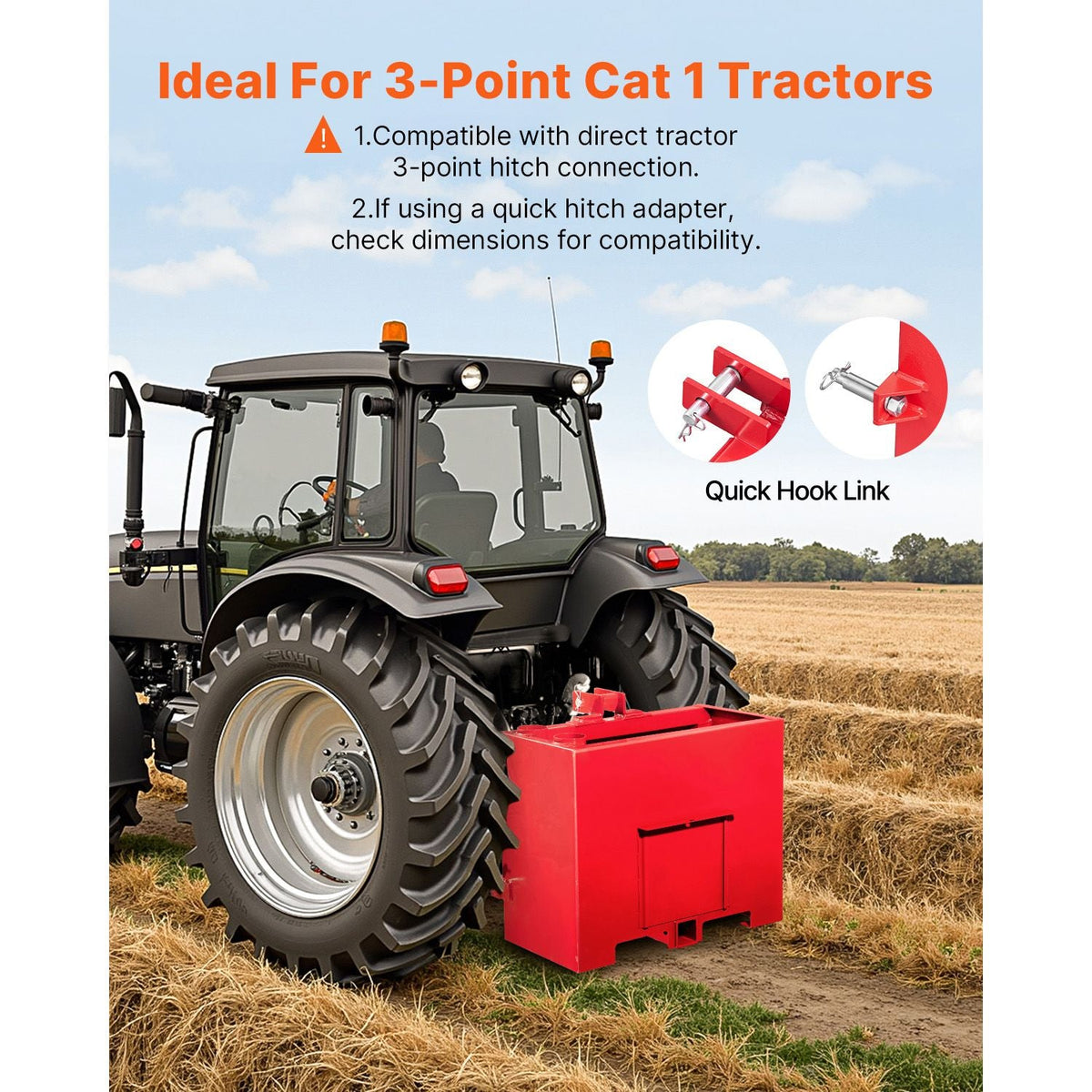 Ballast Box, 3-Point Category 1 Tractor Ballast of 800lbs Capacity, for 2 Inch Hitch Receiver, Heavy-Duty Steel 4.3 ft³ Large Volume Loader Attachment with Sliding Door, Red