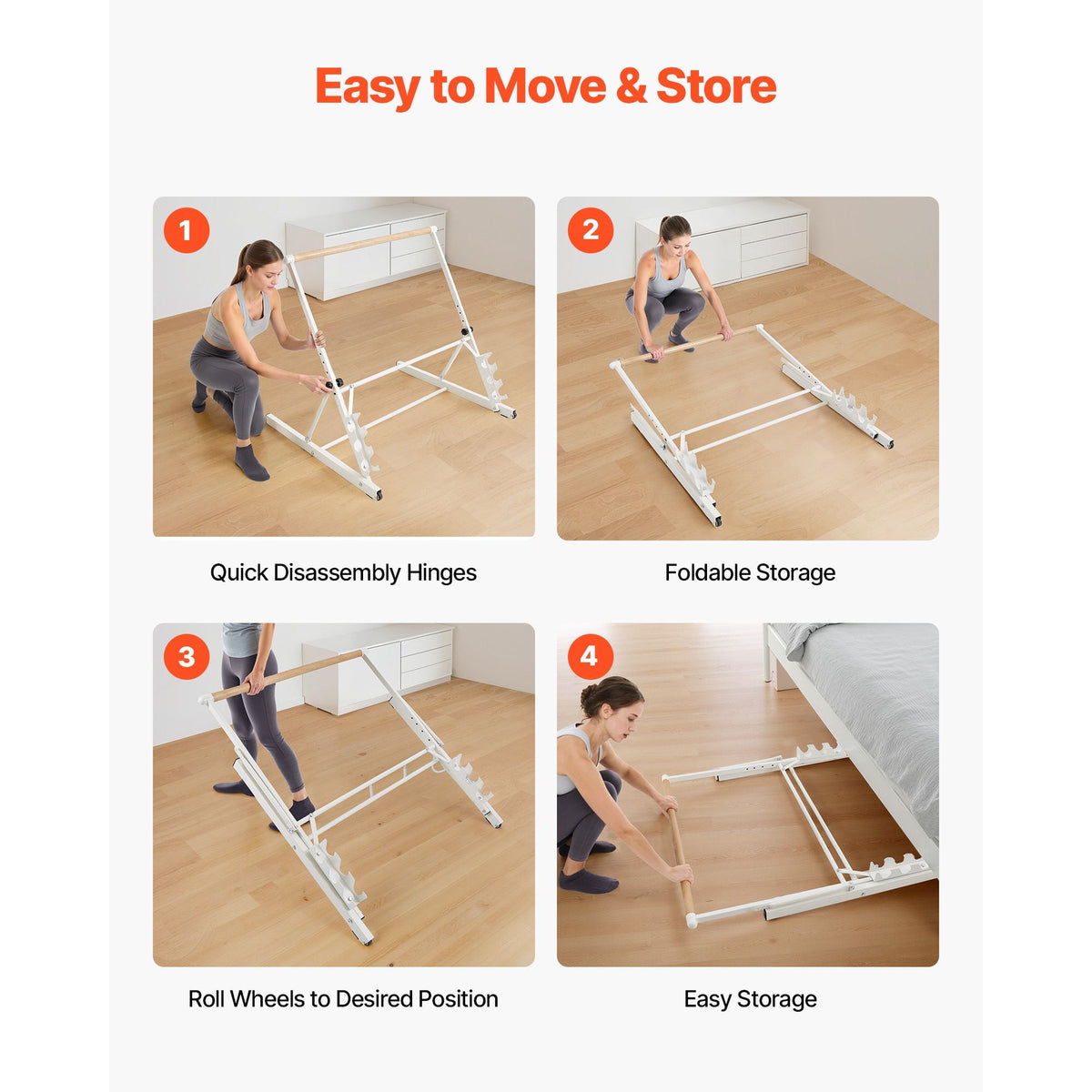 Ballet Barre, 3 ft Freestanding Portable Barre Bar, Home Fitness Exercise Equipment for Abs, Arms, Strength, and Cardio, Easy to Store Foldable Stretching Dance Bars, 4 Level Height Adjustable