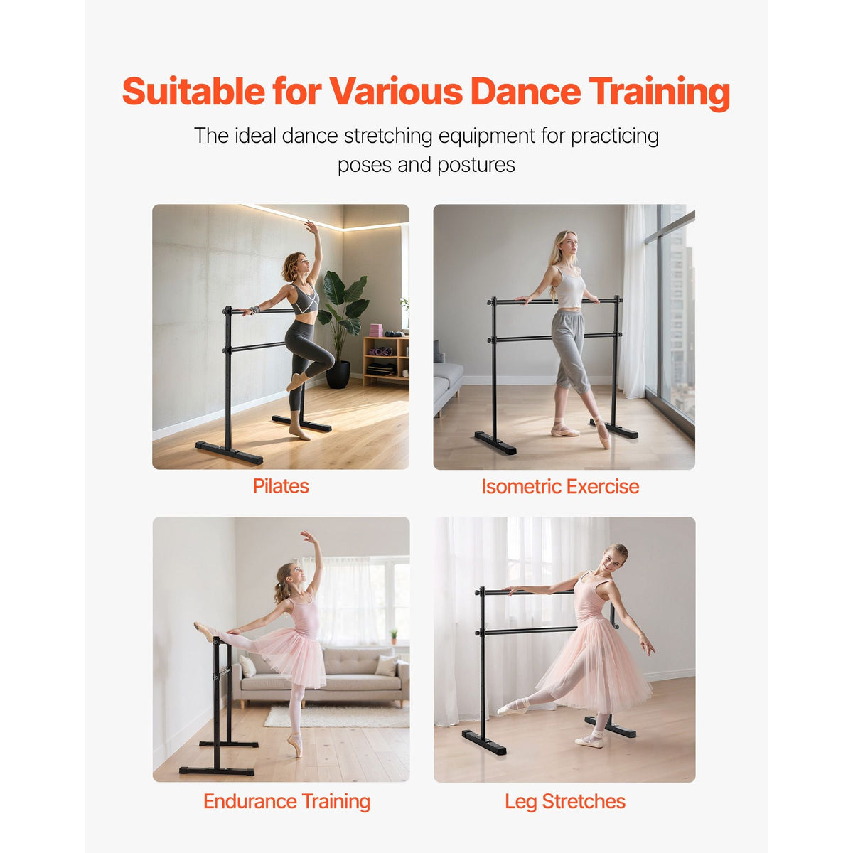 Ballet Barre, 4 Ft Double Barre Bar for Home, Freestanding Portable Ballet Stretching Dance Bars, Height Adjustable Anti-Wobble Fitness Studio Equipment, for Pilates Balance Workout