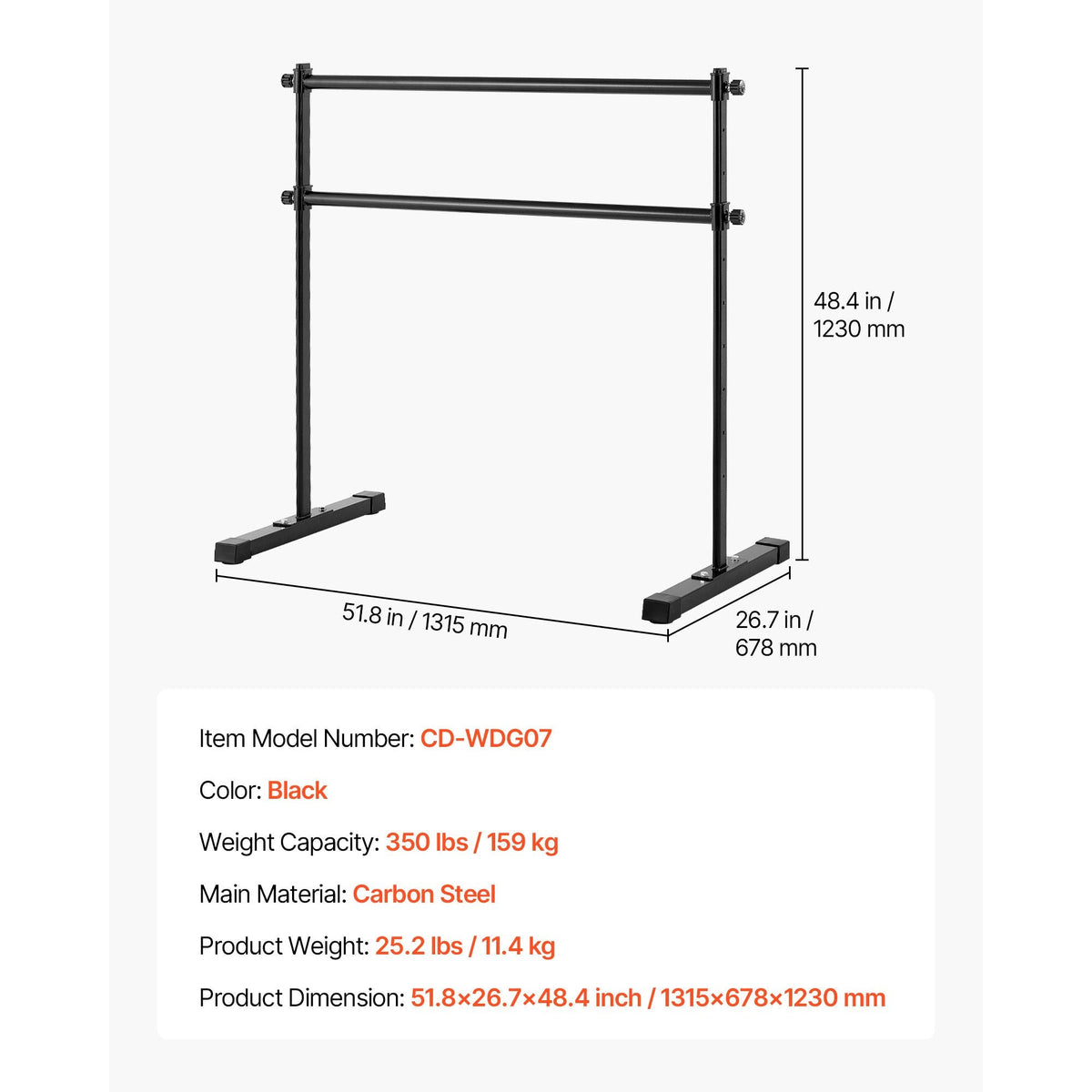 Ballet Barre, 4 Ft Double Barre Bar for Home, Freestanding Portable Ballet Stretching Dance Bars, Height Adjustable Anti-Wobble Fitness Studio Equipment, for Pilates Balance Workout