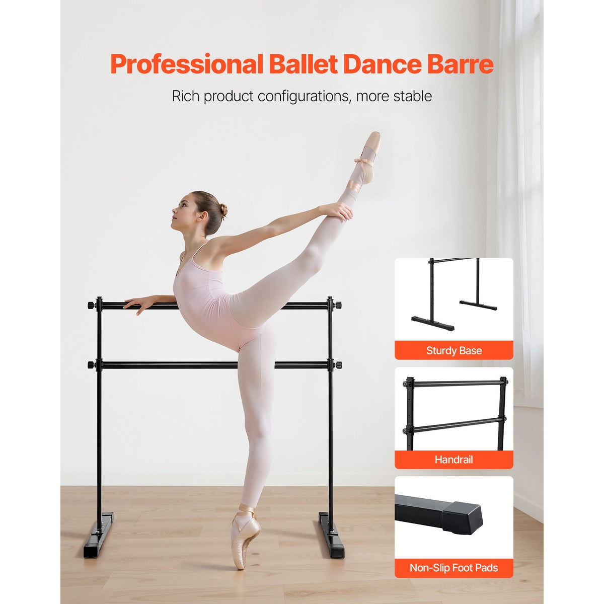 Ballet Barre, 4 Ft Double Barre Bar for Home, Freestanding Portable Ballet Stretching Dance Bars, Height Adjustable Anti-Wobble Fitness Studio Equipment, for Pilates Balance Workout
