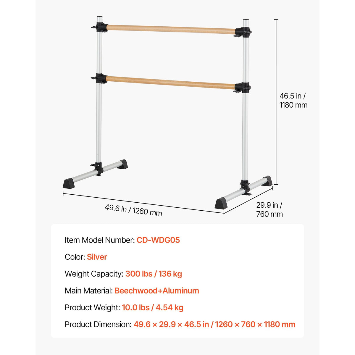 Ballet Barre, 4 Ft Double Beechwood Barre Bar for Home, Freestanding Portable Ballet Stretching Dance Bars, Height Adjustable Anti-Wobble Fitness Gym Equipment, for Pilates Balance Workout