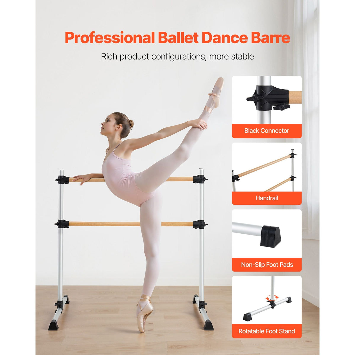 Ballet Barre, 4 Ft Double Beechwood Barre Bar for Home, Freestanding Portable Ballet Stretching Dance Bars, Height Adjustable Anti-Wobble Fitness Gym Equipment, for Pilates Balance Workout