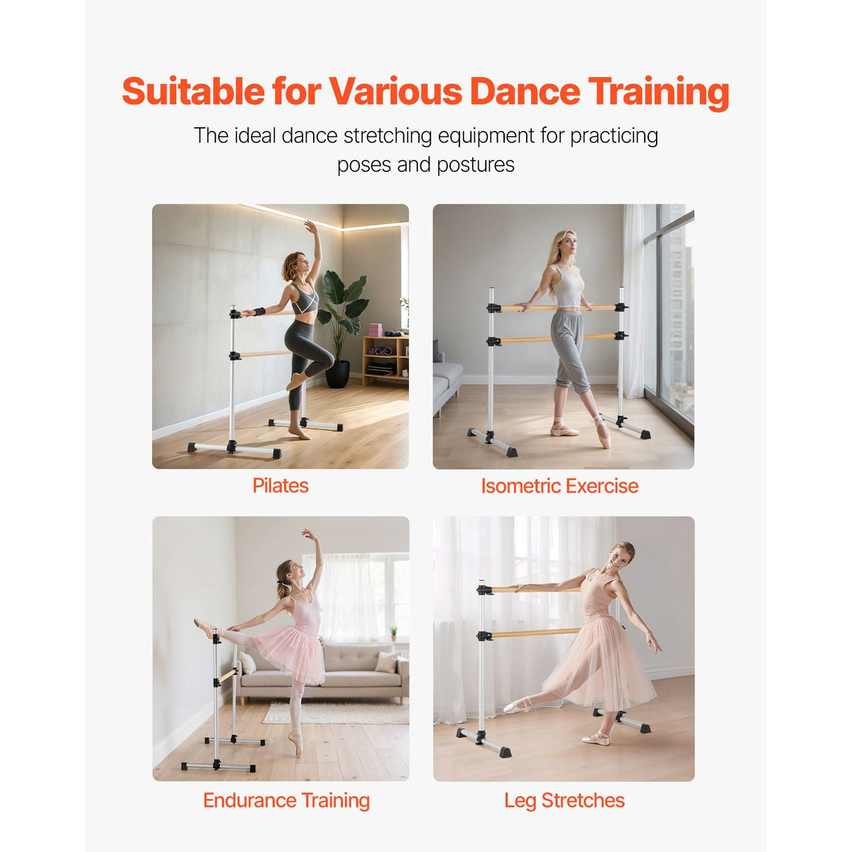 Ballet Barre, 4 Ft Double Beechwood Barre Bar for Home, Freestanding Portable Ballet Stretching Dance Bars, Height Adjustable Anti-Wobble Fitness Gym Equipment, for Pilates Balance Workout