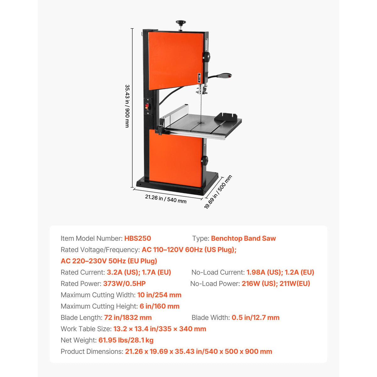Band Saw, 10-Inch, Two-Speed Benchtop Bandsaw with 373W 1/2 HP Motor, 6 in Max Cutting Height, 13.2 x 13.4 in Cast Iron Table, with 360° Work Light, Miter Gauge, Fence, Band Saw for Woodworking