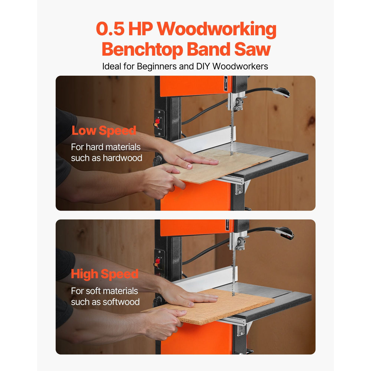 Band Saw, 10-Inch, Two-Speed Benchtop Bandsaw with 373W 1/2 HP Motor, 6 in Max Cutting Height, 13.2 x 13.4 in Cast Iron Table, with 360° Work Light, Miter Gauge, Fence, Band Saw for Woodworking