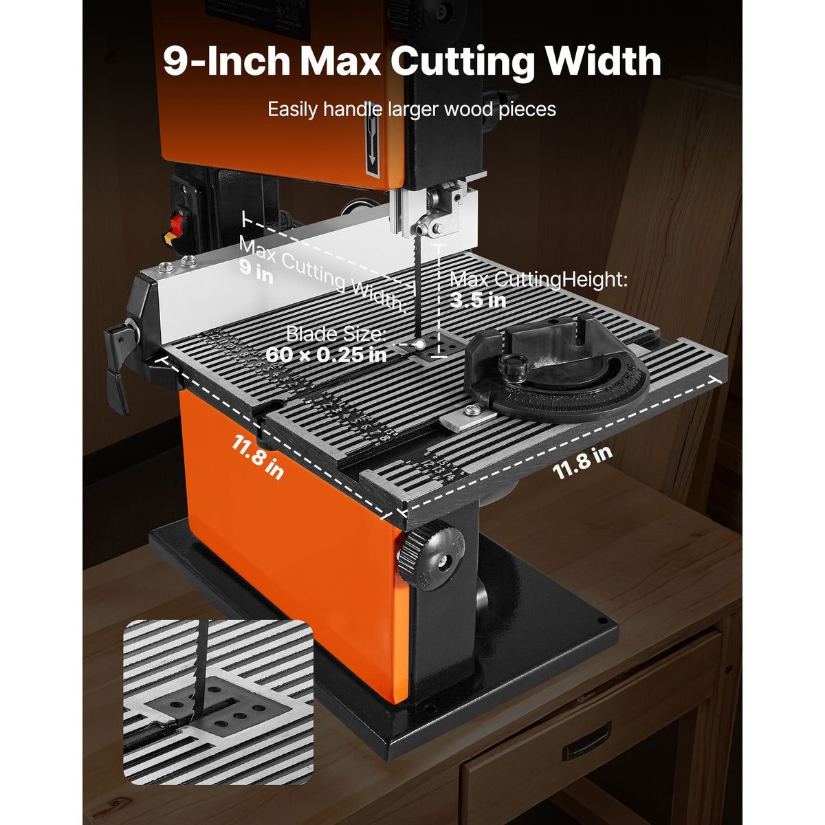 Band Saw, 9-Inch, Woodworking Benchtop Bandsaw with 1/2 HP Motor, 3.5-Inch Max Cutting Height, 11.8 x 11.8 in Cast Aluminum Table, 0-45° Tilting Range, with Miter Gauge, Fence, for Woodworking