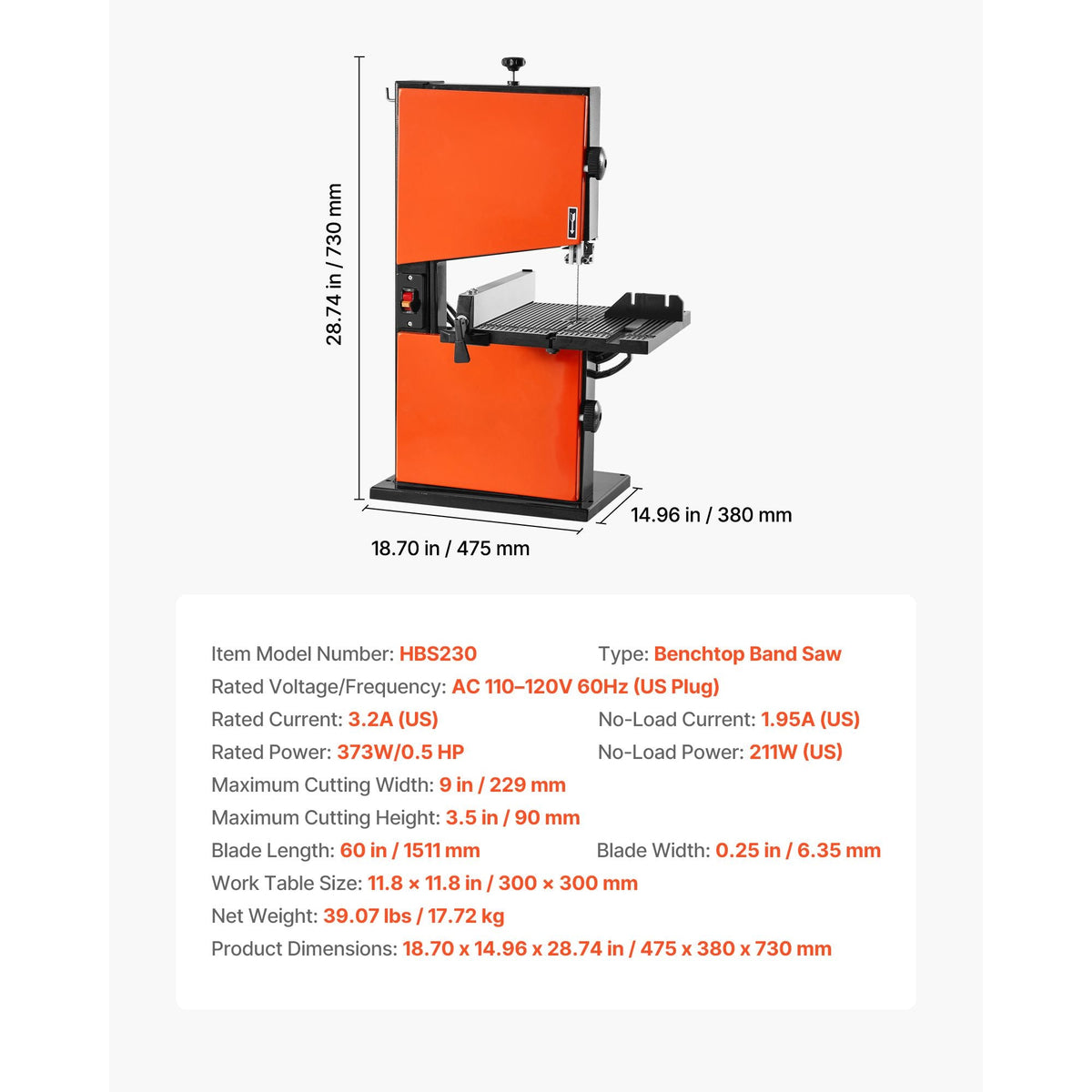 Band Saw, 9-Inch, Woodworking Benchtop Bandsaw with 1/2 HP Motor, 3.5-Inch Max Cutting Height, 11.8 x 11.8 in Cast Aluminum Table, 0-45° Tilting Range, with Miter Gauge, Fence, for Woodworking