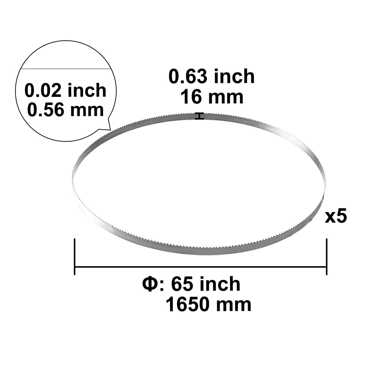 Band Saw Blade, 65x0.63x0.02 inch, 5 PCS/Pack Meat Bandsaw Blades for Replacement, Carbon Steel Blade, Meat Cutting Blade Wrapped by Rust-Proof Paper, Fit for Commercial Bone Saw Machines