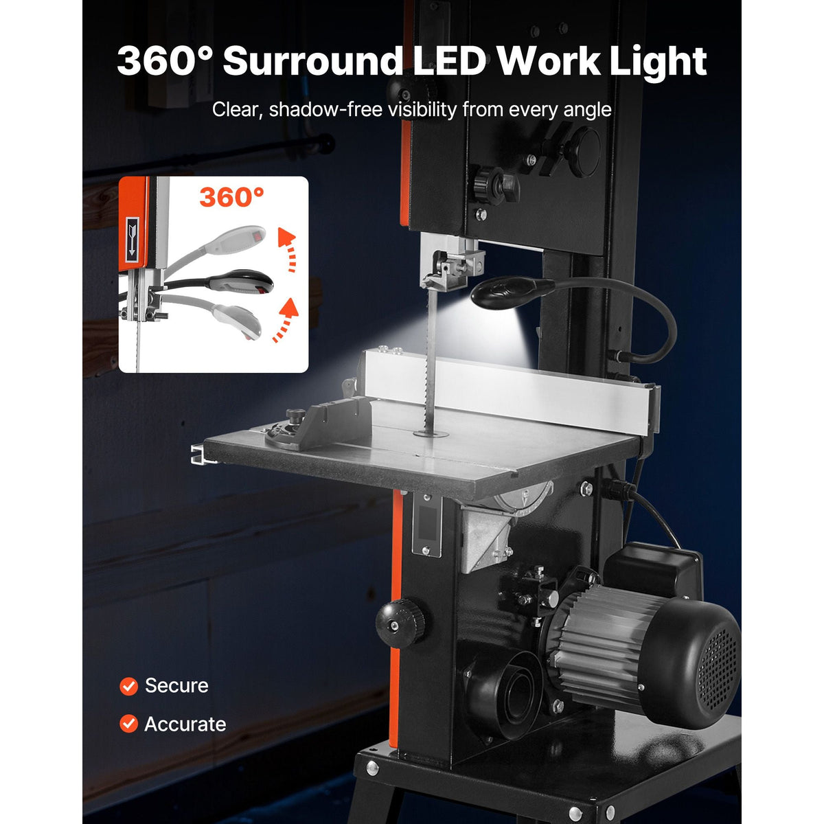 Band Saw with Stand, 10-Inch, Two-Speed Benchtop Bandsaw, 373W 1/2 HP, 6 in Max Cutting Height, 13.2 x 13.4 in Cast Iron Table, with 360° Work Light, Miter Gauge, Fence, Band Saw for Woodworking