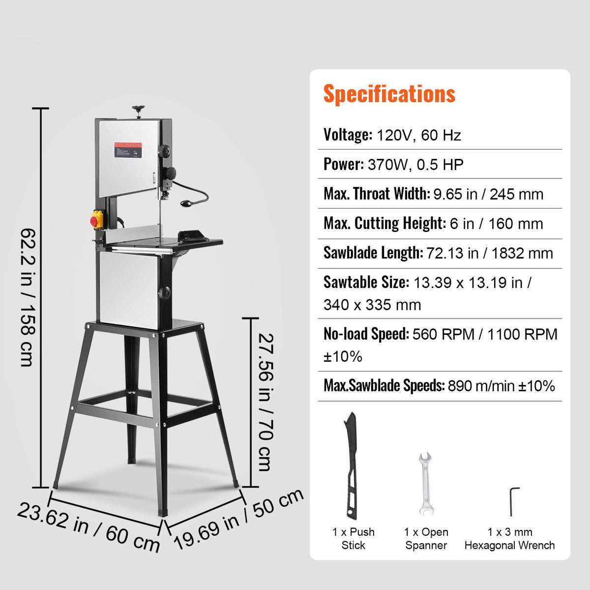 Band Saw with Stand, 9.65-Inch, 560&1100 RPM Two-Speed Benchtop Bandsaw, 370W 1/2HP Motor 6'' Cutting Height 72.13'' Sawblade Length, with Fence and Miter Gauge, for Woodworking Aluminum Plastic