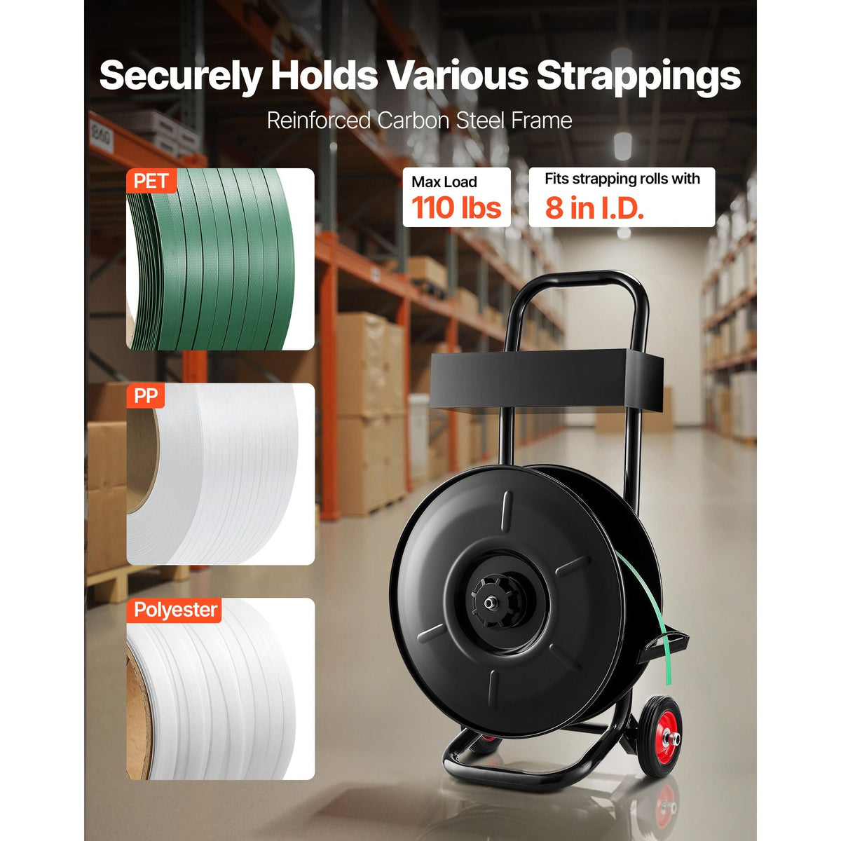 Banding Strapping Cart, Fit for PET / PP / Polyester Strapping Coils with 8 inches Core Size, Heavy Duty Strapping Dispenser Equipped with Upgrade Brake System, Built-in Spacious Tray for Tools