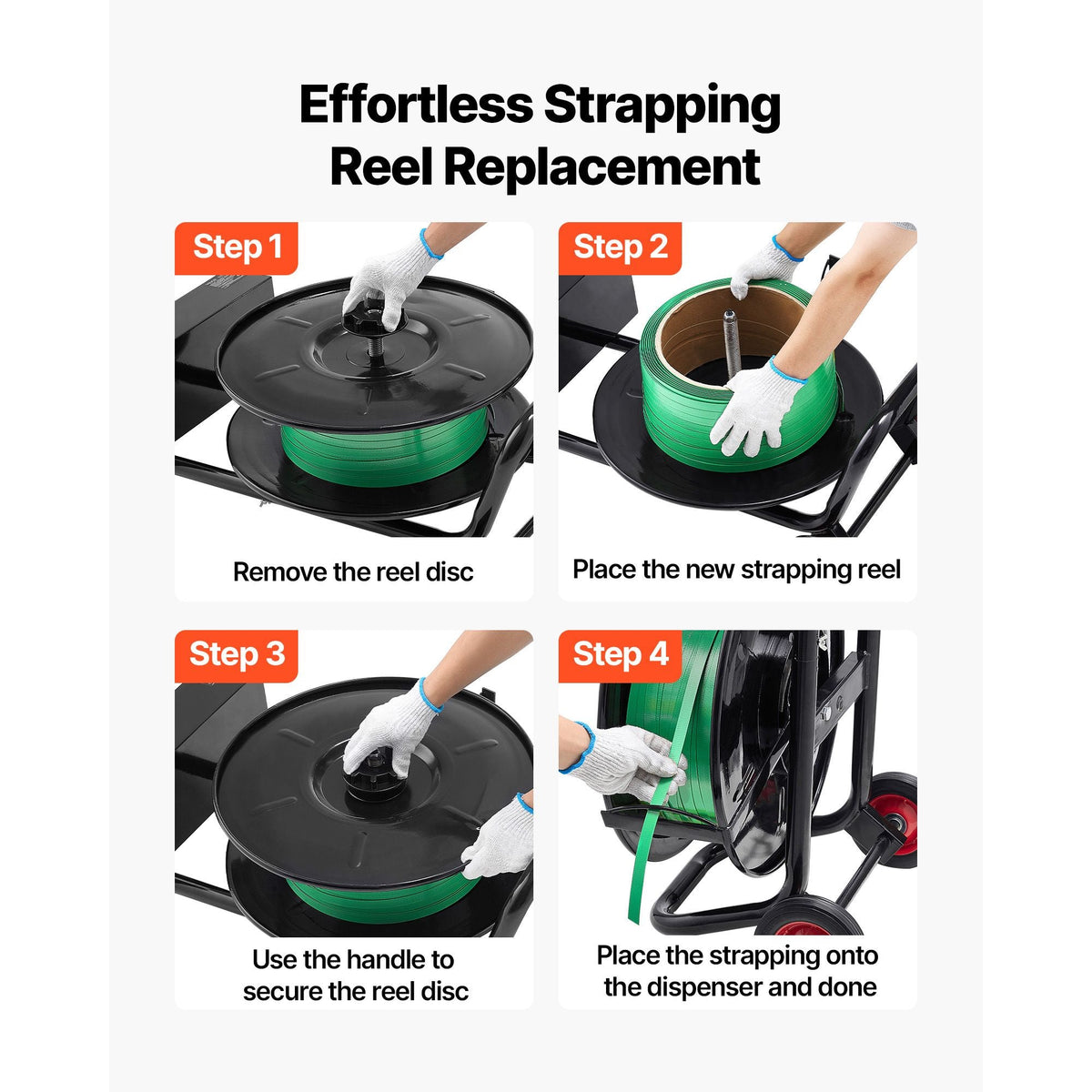 Banding Strapping Cart, Fit for PET / PP / Polyester Strapping Coils with 8 inches Core Size, Heavy Duty Strapping Dispenser Equipped with Upgrade Brake System, Built-in Spacious Tray for Tools