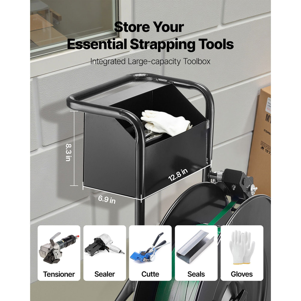 Banding Strapping Cart, Fit for PET / PP / Steel Strap Coils with 8 or 16 inches Core Size, Heavy Duty Strapping Dispenser Equipped with Upgrade Drum Brake, Built-in Spacious Tray for Tools