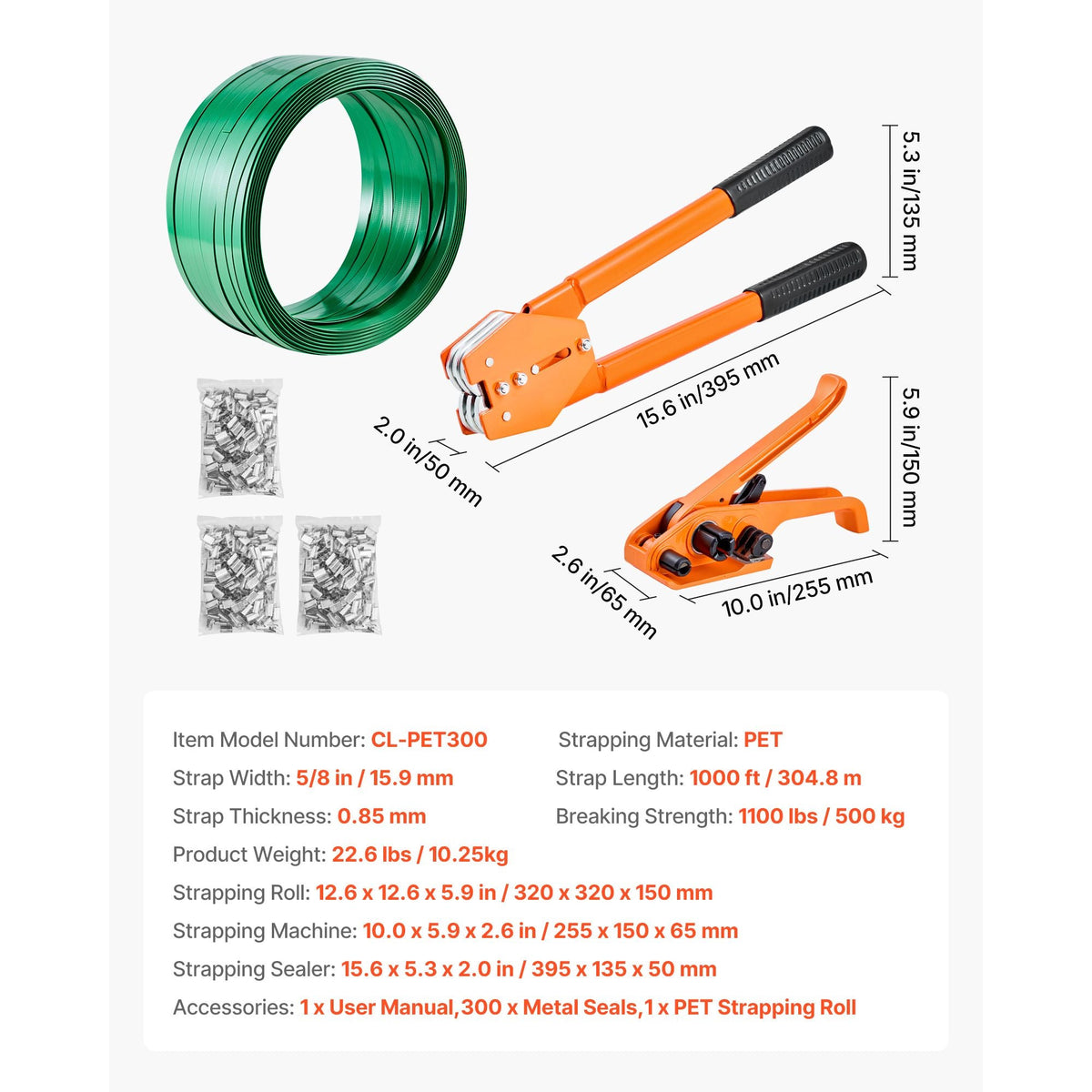 Banding Strapping Kit, Heavy Duty Banding Sealer Tool with 1000 ft Length PET Band, 300 Metal Seals, Plastic Manual Pallet Packaging Strapping Kit for Warehouse/Shipping/Moving/Home, Orange