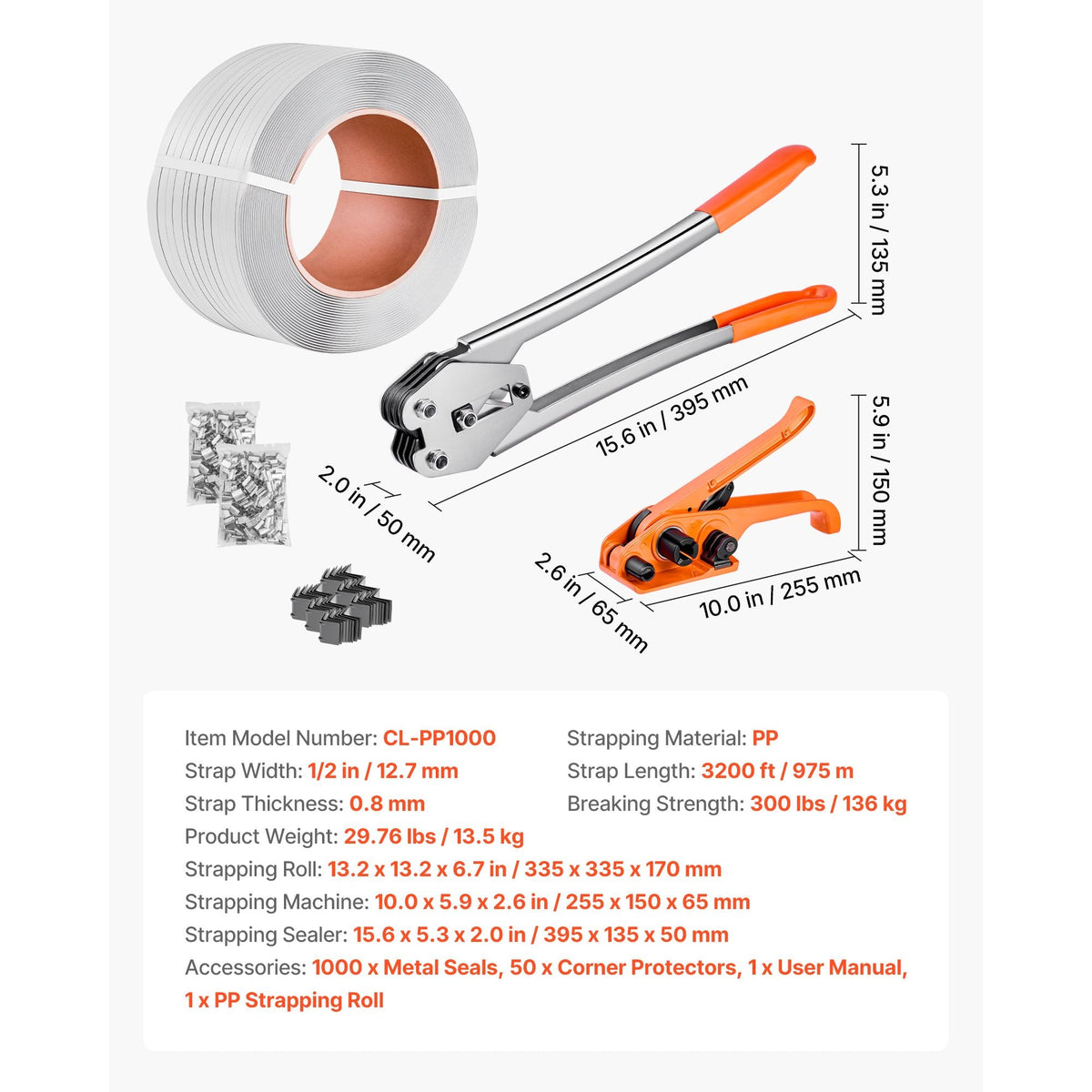 Banding Strapping Kit, Heavy Duty Banding Sealer Tool with 3200 ft Length PP Band, 1000 Metal Seals, 50 Corner Protectors, Plastic Pallet Packaging Strapping Kit for Warehouse/Shipping/Moving
