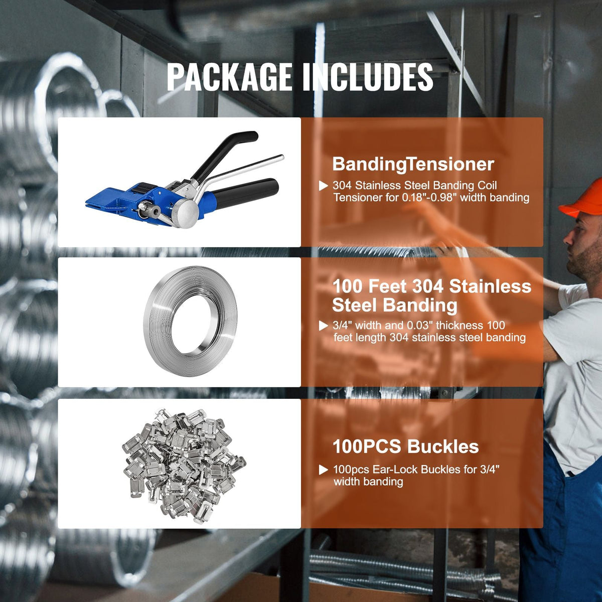 Banding Strapping Kit with Strapping Tensioner Tool, 100 ft Length 304 Stainless Steel Banding, 100 Metal Seals, Pallet Packaging Strapping Banding Kit, Banding Packaging Strapping for Packing