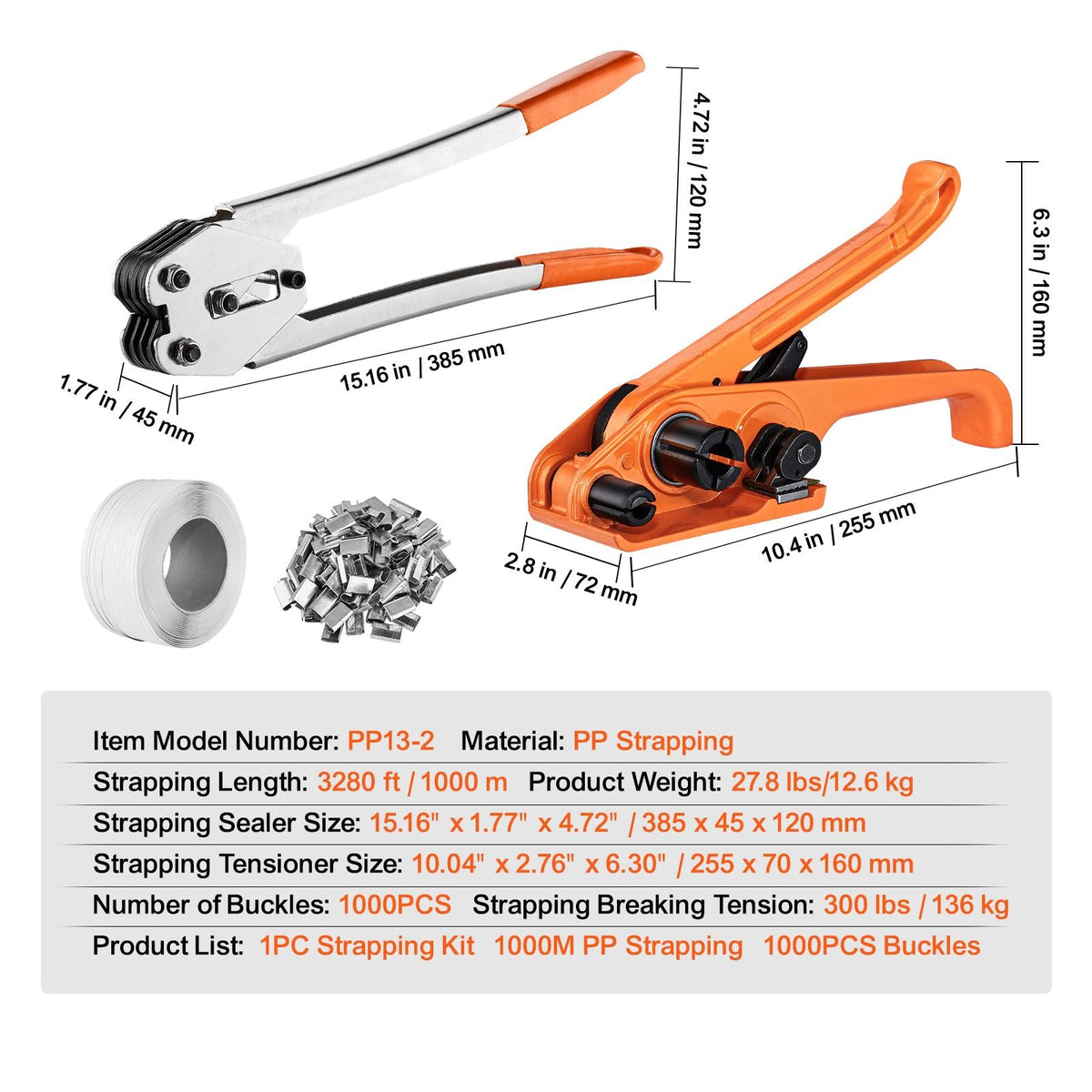 Banding Strapping Kit with Strapping Tensioner Tool, Banding Sealer Tool, 3280 ft Length PP Band, 1000 Metal Seals, Pallet Packaging Strapping Banding Kit Banding Packaging Strapping for Packing