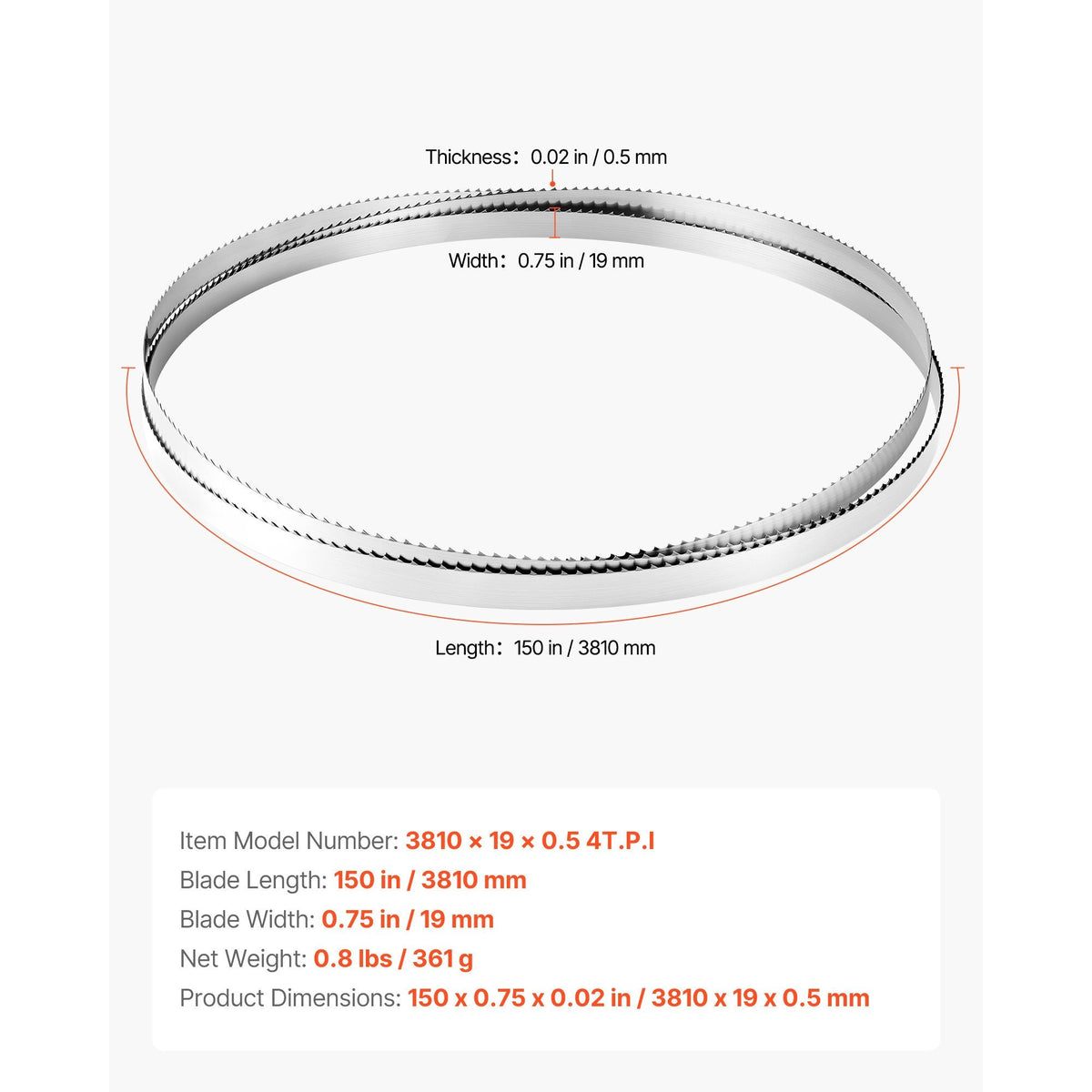 Bandsaw Blade, 150 Inch Length, 4 TPI Band Saw Blade with 18 HRC Hardened Sharp Teeth, SK5 High-Strength Carbon Steel, 0.75 Inch Width, Replacement for Major Woodworking Band Saw Brands, 1 Pack
