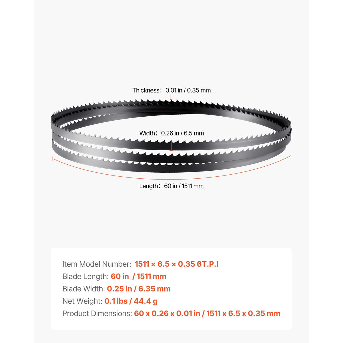 Bandsaw Blade, 60 Inch Length, 6 TPI Band Saw Blade with 15 HRC Hardened Sharp Teeth, SK5 High-Strength Carbon Steel, 0.25 Inch Width, Replacement for Major Woodworking Band Saw Brands, 1 Pack