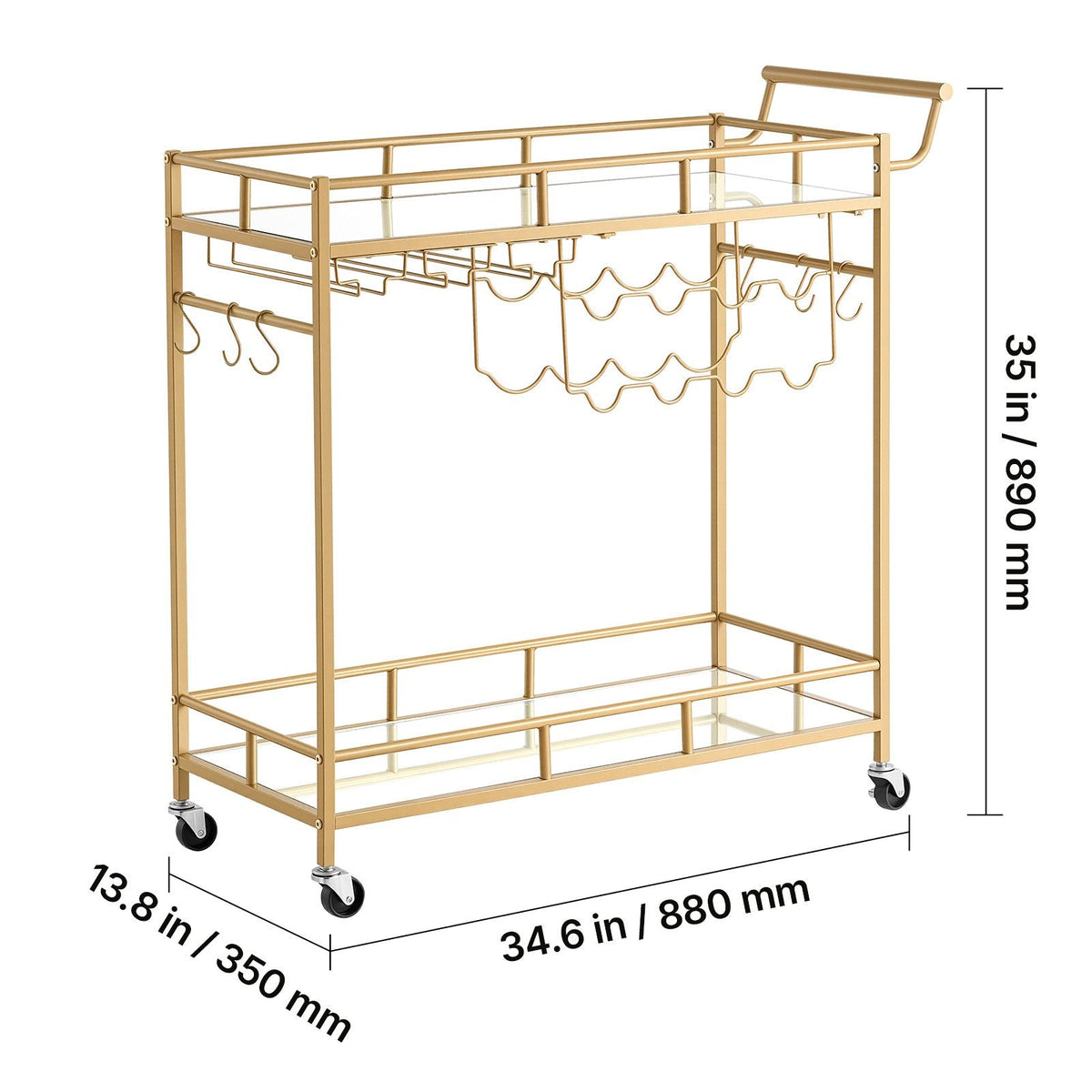 Bar Cart, 2 Tiers Home Kitchen Serving Carts, Modern Rolling Utility Station on Wheels, Drink Beverage Trolley with Mirrored Glass Shelves, Wine Rack, Glass Holder, for Living Dining Room, Gold