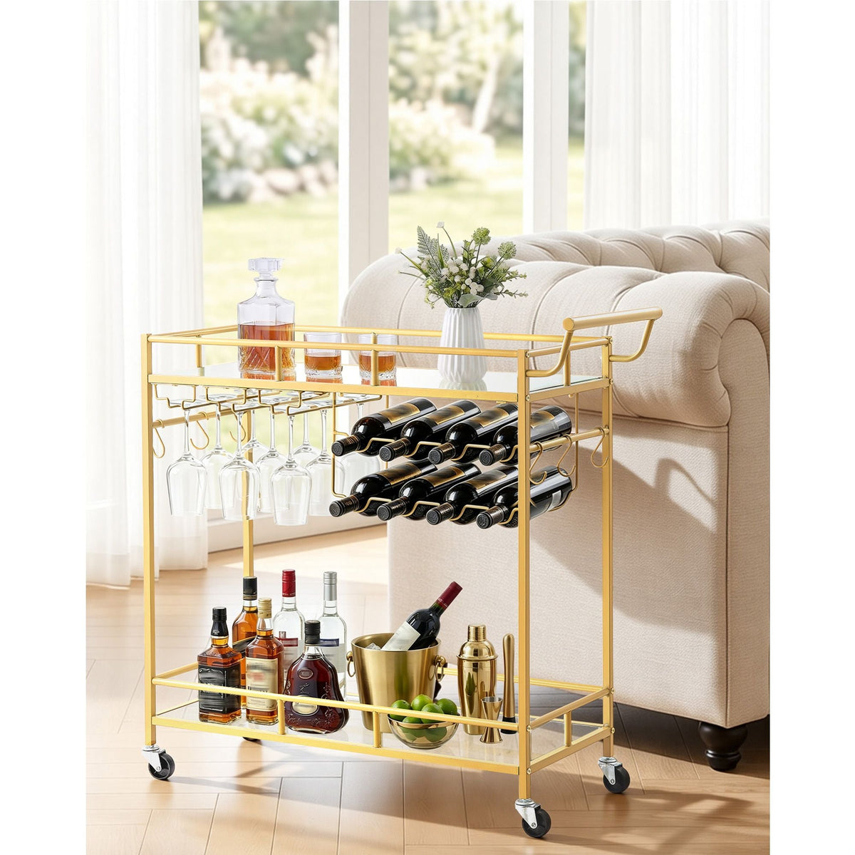 Bar Cart, 2 Tiers Home Kitchen Serving Carts, Modern Rolling Utility Station on Wheels, Drink Beverage Trolley with Mirrored Glass Shelves, Wine Rack, Glass Holder, for Living Dining Room, Gold