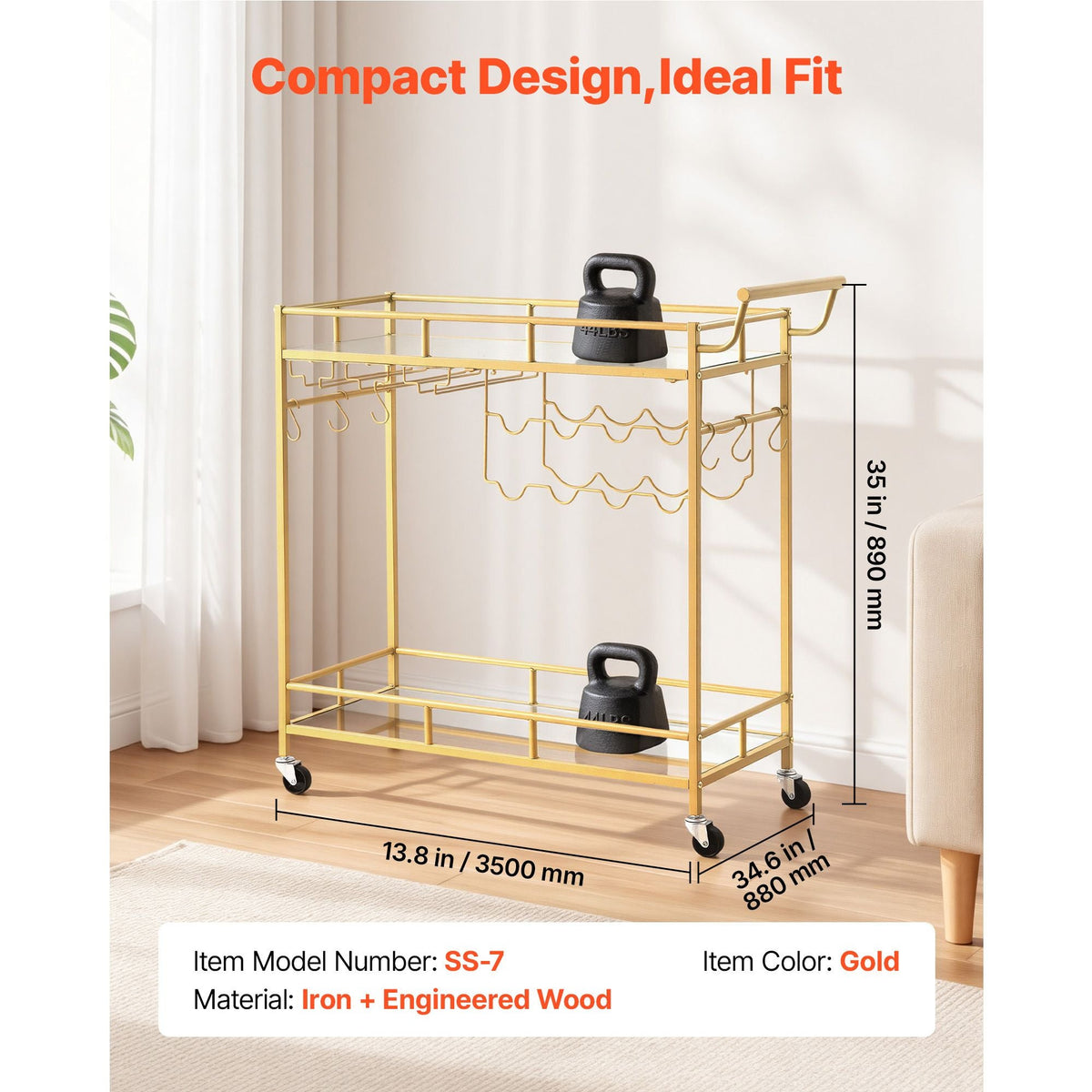 Bar Cart, 2 Tiers Home Kitchen Serving Carts, Modern Rolling Utility Station on Wheels, Drink Beverage Trolley with Mirrored Glass Shelves, Wine Rack, Glass Holder, for Living Dining Room, Gold