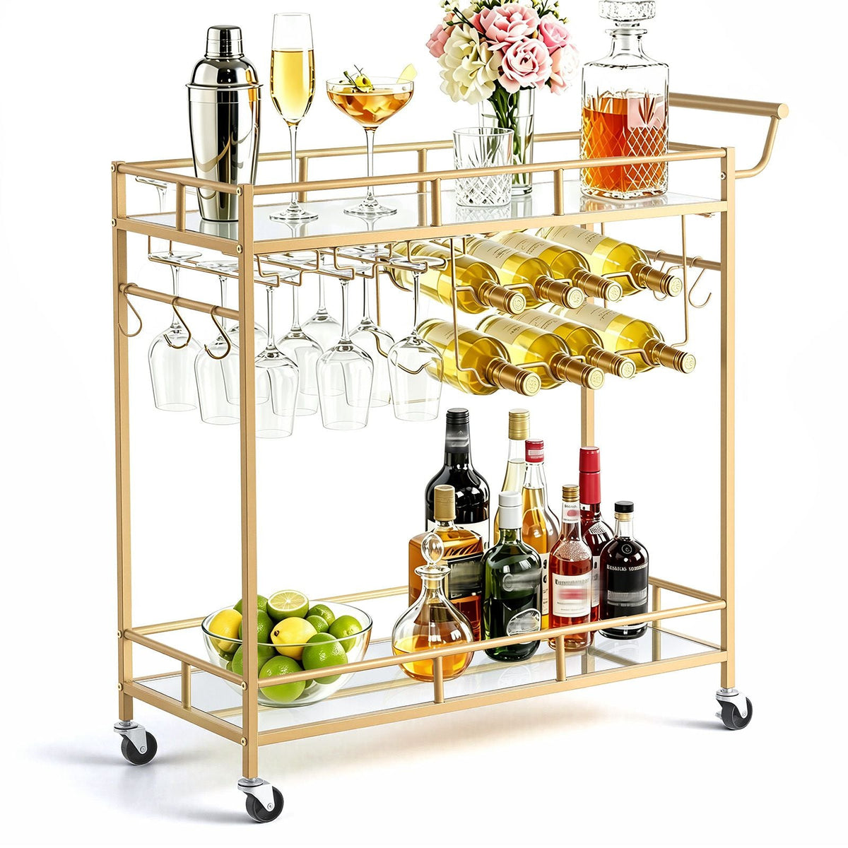 Bar Cart, 2 Tiers Home Kitchen Serving Carts, Modern Rolling Utility Station on Wheels, Drink Beverage Trolley with Mirrored Glass Shelves, Wine Rack, Glass Holder, for Living Dining Room, Gold
