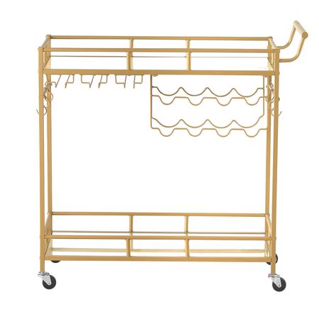 Bar Cart, 2 Tiers Home Kitchen Serving Carts, Modern Rolling Utility Station on Wheels, Drink Beverage Trolley with Mirrored Glass Shelves, Wine Rack, Glass Holder, for Living Dining Room, Gold