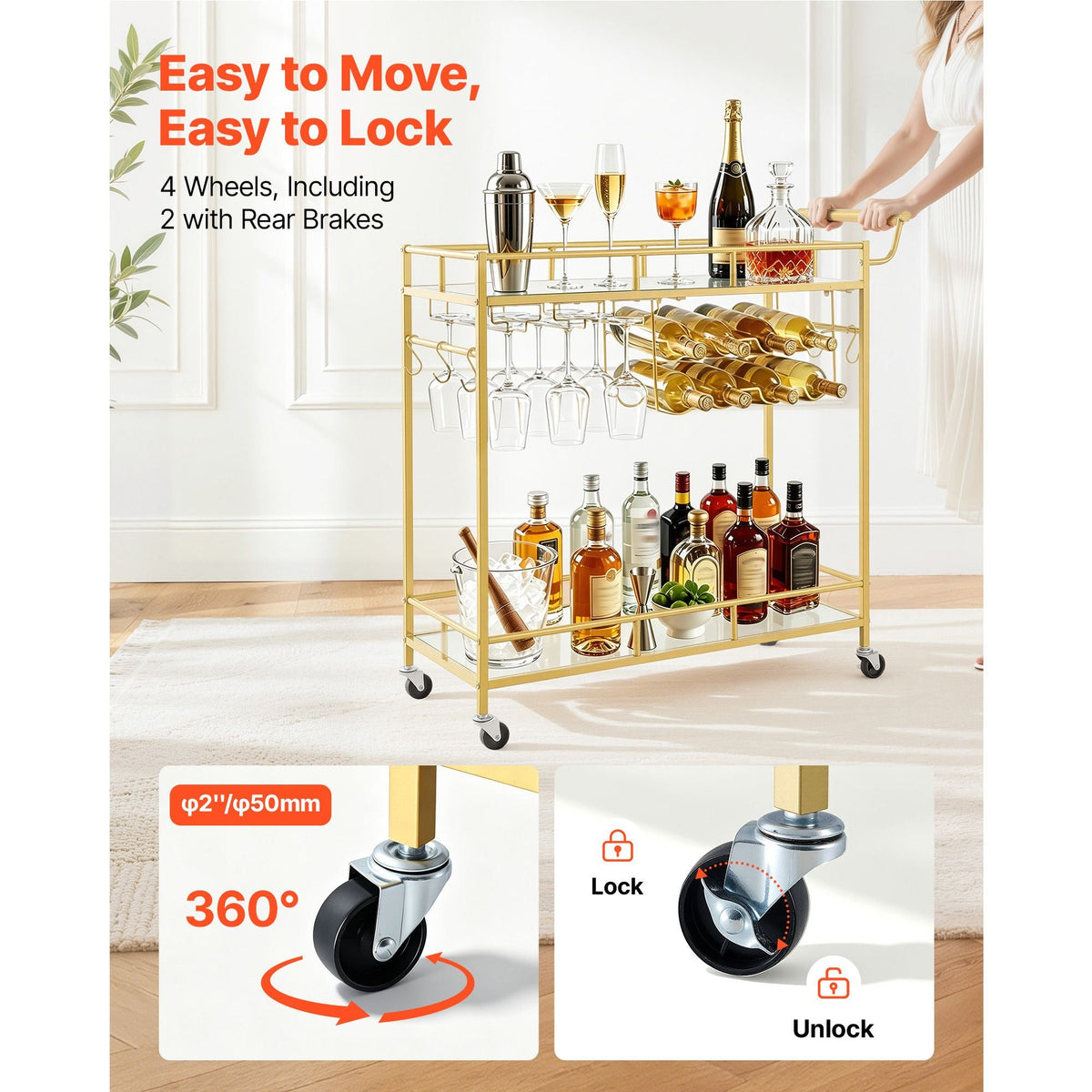 Bar Cart, 2 Tiers Home Kitchen Serving Carts, Modern Rolling Utility Station on Wheels, Drink Beverage Trolley with Mirrored Glass Shelves, Wine Rack, Glass Holder, for Living Dining Room, Gold