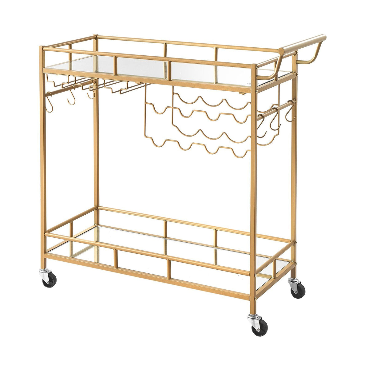 Bar Cart, 2 Tiers Home Kitchen Serving Carts, Modern Rolling Utility Station on Wheels, Drink Beverage Trolley with Mirrored Glass Shelves, Wine Rack, Glass Holder, for Living Dining Room, Gold