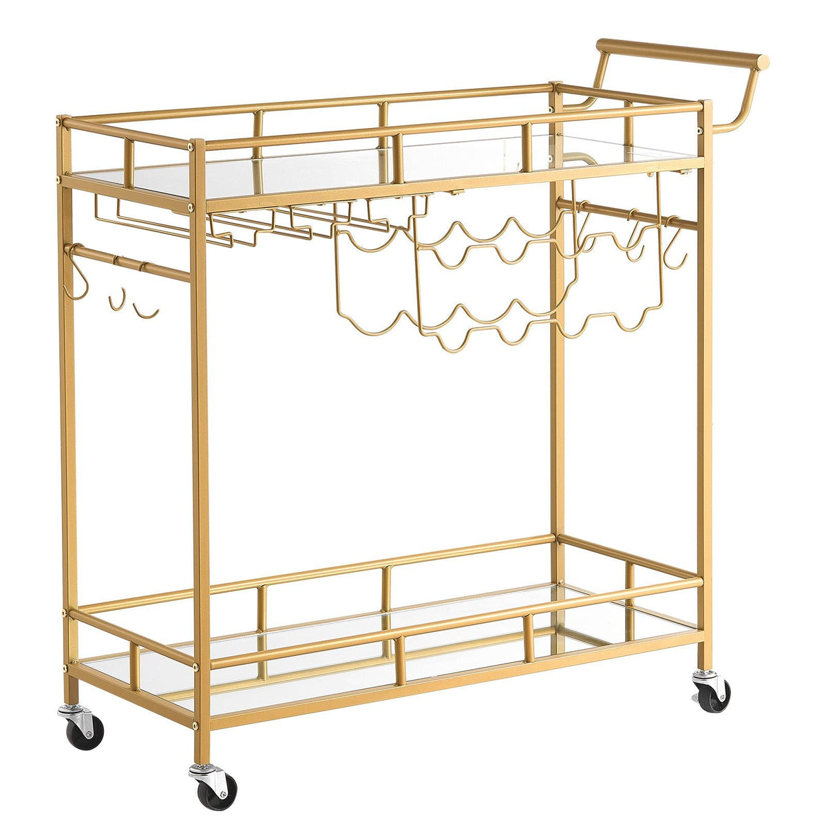 Bar Cart, 2 Tiers Home Kitchen Serving Carts, Modern Rolling Utility Station on Wheels, Drink Beverage Trolley with Mirrored Glass Shelves, Wine Rack, Glass Holder, for Living Dining Room, Gold