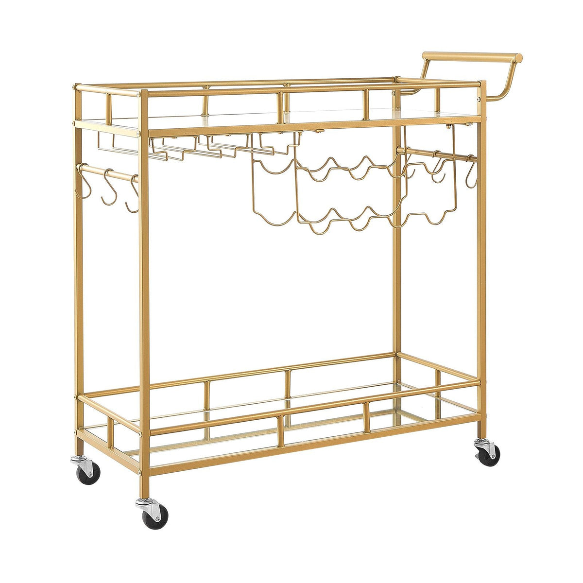Bar Cart, 2 Tiers Home Kitchen Serving Carts, Modern Rolling Utility Station on Wheels, Drink Beverage Trolley with Mirrored Glass Shelves, Wine Rack, Glass Holder, for Living Dining Room, Gold